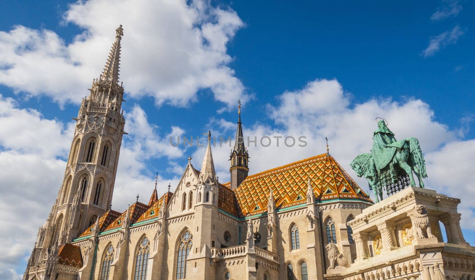 Matthias gothic church in Budapest, with its colorful roof tiles atop Castle Hill in Budapest, Hungary