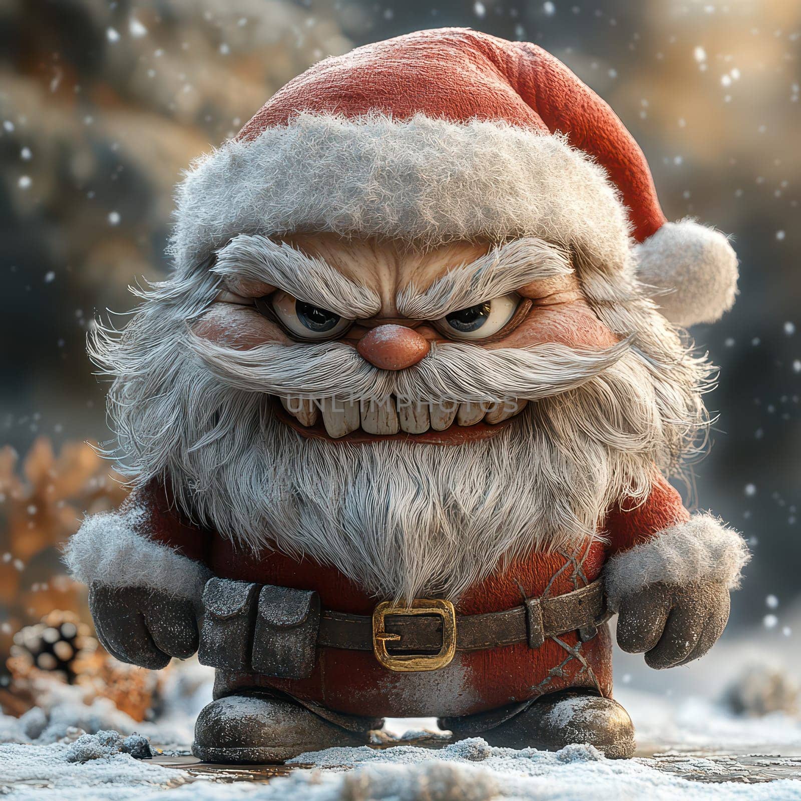 An unusual Santa Claus character stands out with a fierce expression among snowflakes and winter scenery adding a twist to holiday decor.
