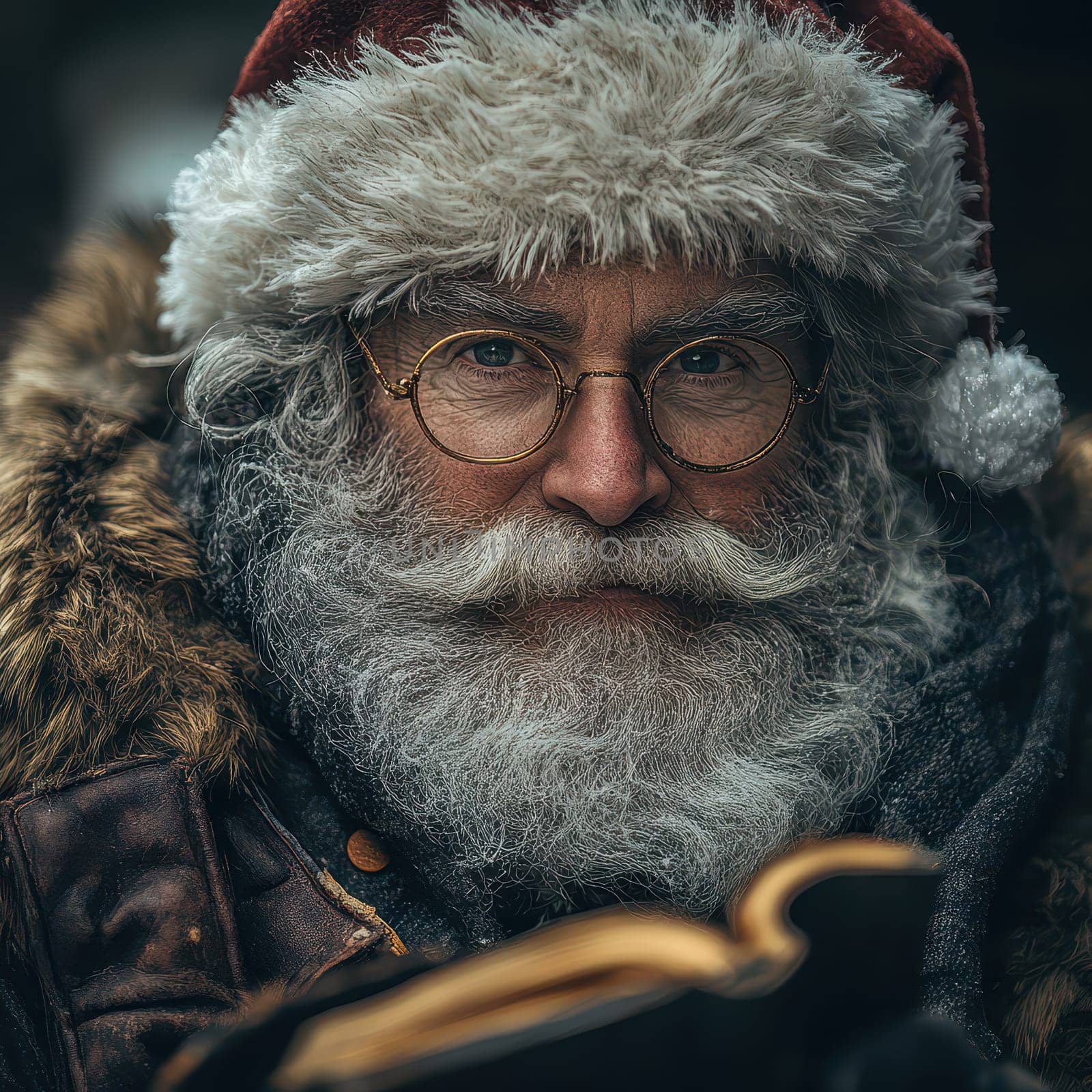A joyful figure in a Santa hat and glasses reads a book outside while surrounded by a wintery atmosphere and frost.