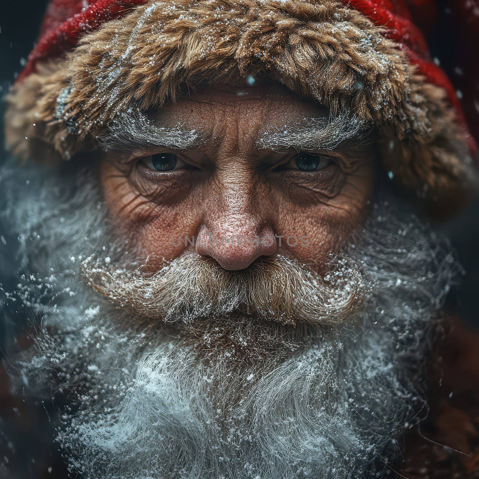 A bearded man dressed as Santa stands outdoors surrounded by snow displaying a serious expression and a frosted beard during winter.