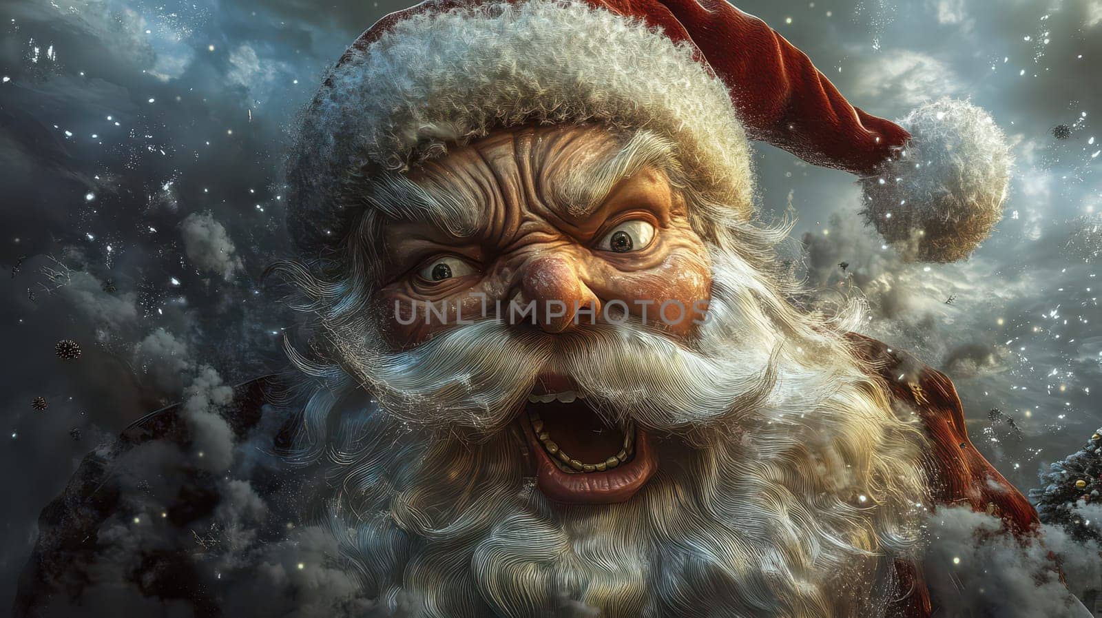 Santa Claus appears with a fierce expression shouting amidst a swirling winter storm capturing a dramatic holiday moment.