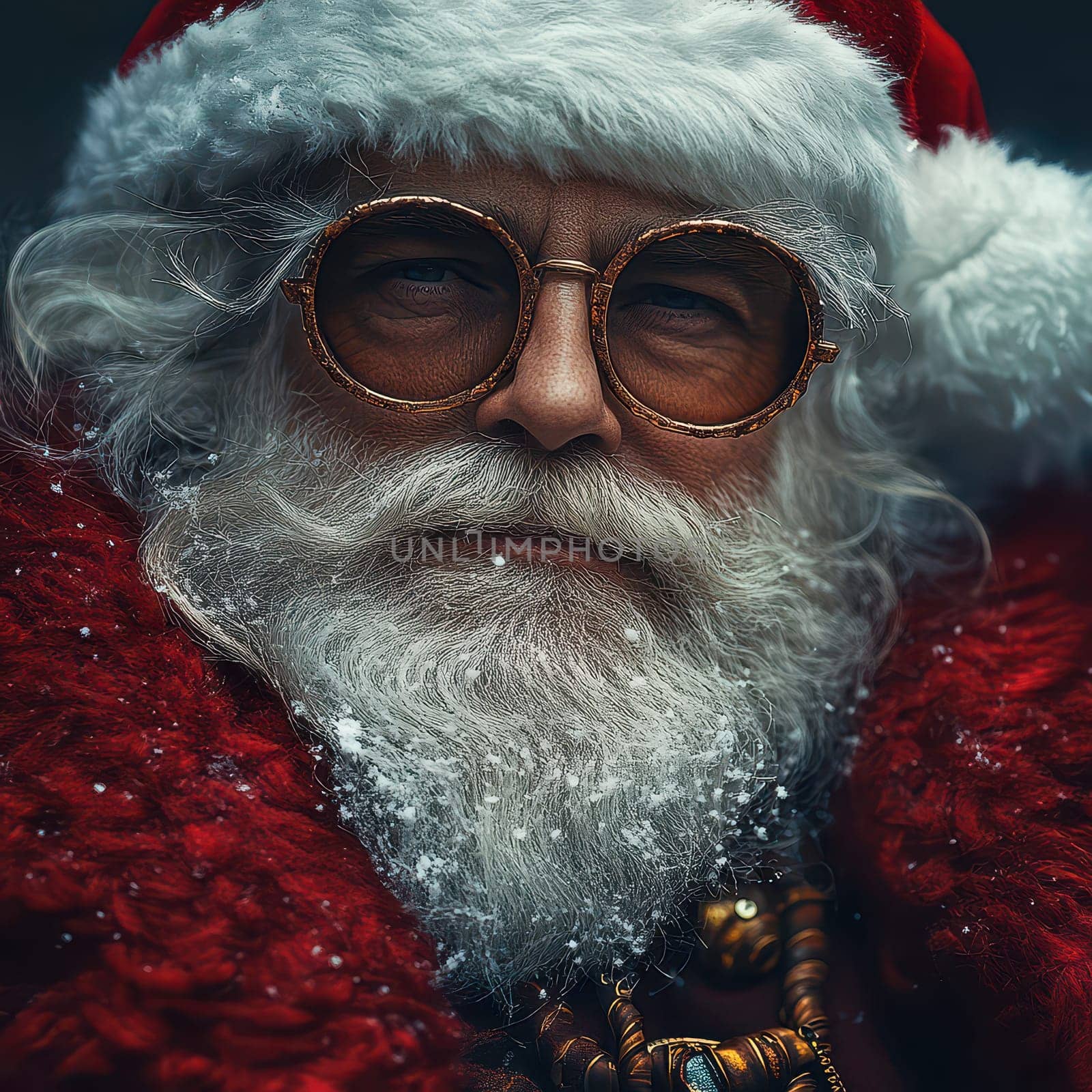 A classic Santa Claus figure with a fluffy beard red coat and round glasses surrounded by gentle snowflakes capturing the festive spirit.