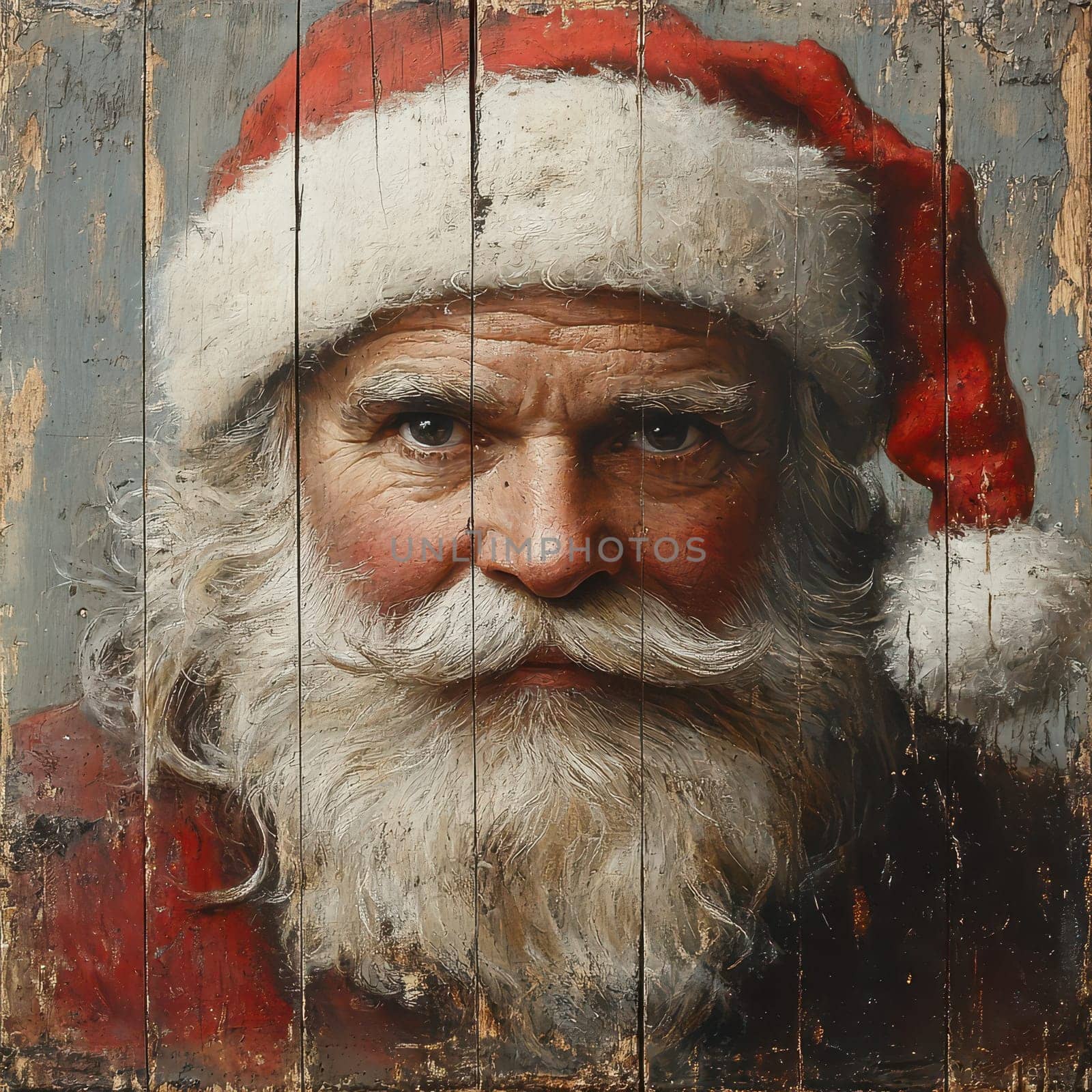 A jolly Santa Claus with a white beard and red hat gazes warmly at the viewer his face framed by a rustic wooden background.