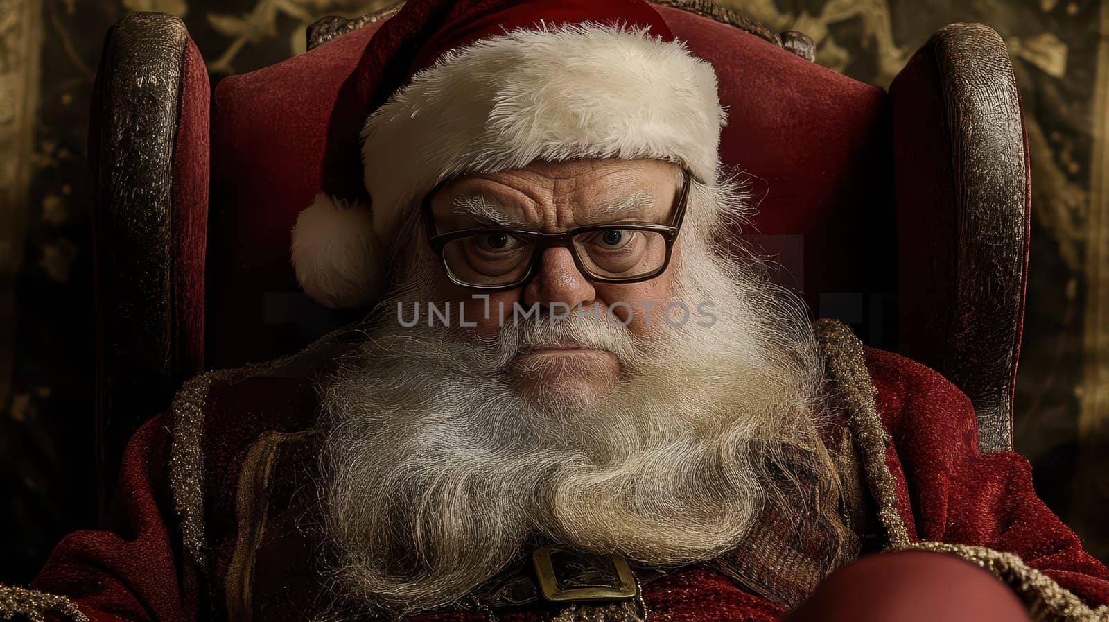 An older man dressed as Santa Claus sits in a plush chair wearing glasses and a festive red outfit with a serious expression.