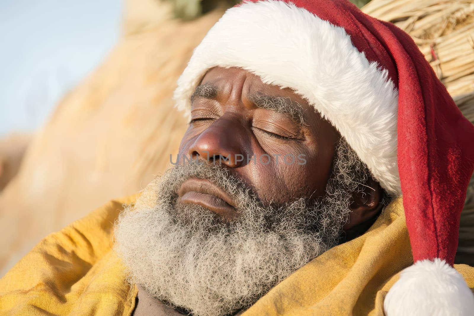 A man with a white beard and Santa hat is resting peacefully outdoors surrounded by natural scenery under a sunny sky.