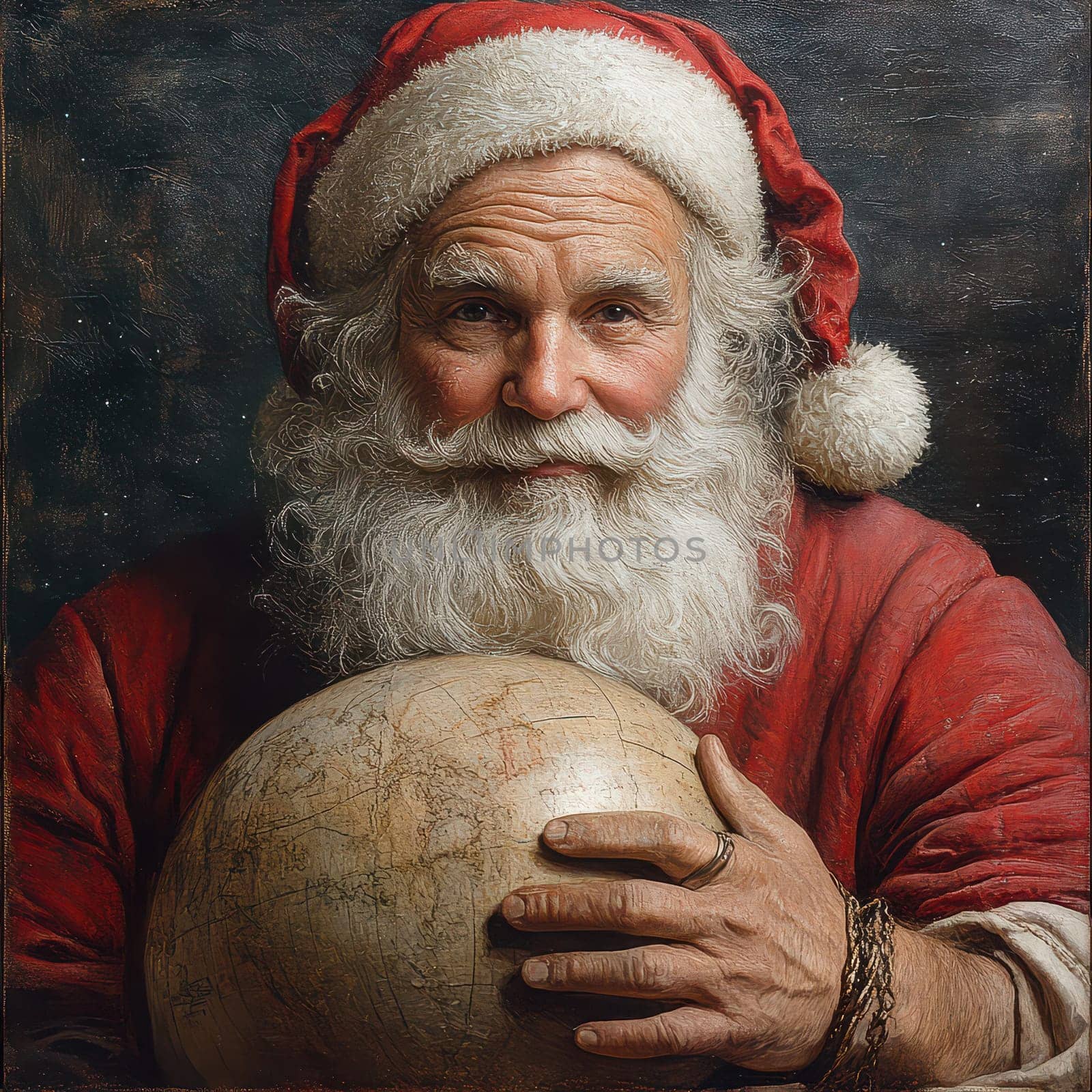 Santa Claus smiles gently while holding a globe ready to map out his journey for Christmas around the world in this cozy atmosphere.