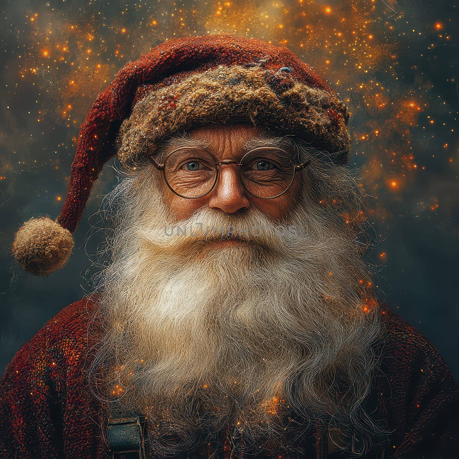 An elderly man dressed as Santa Claus with a rich beard and twinkling eyes stands against a sparkling and colorful backdrop filled with light.