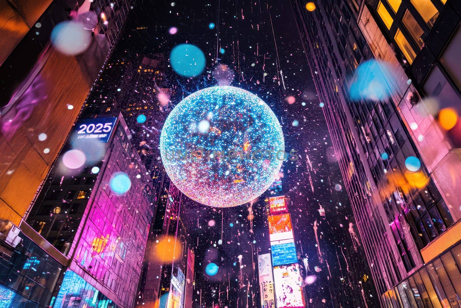 A festive atmosphere fills the city as a giant sparkling orb hangs over the street surrounded by colorful lights and decorations.