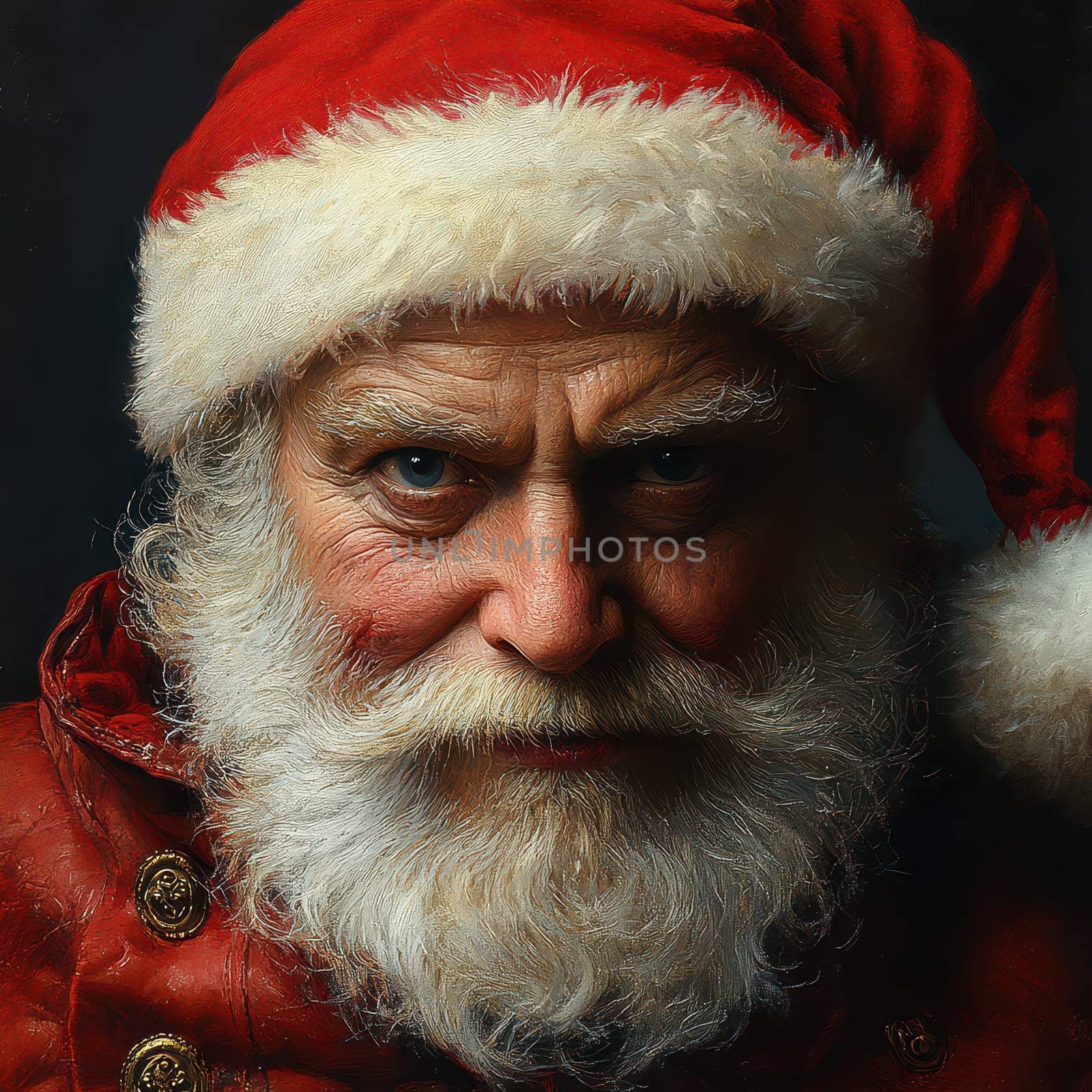 A classic representation of Santa Claus with a jolly expression wearing a red coat and fluffy white hat exuding holiday cheer.