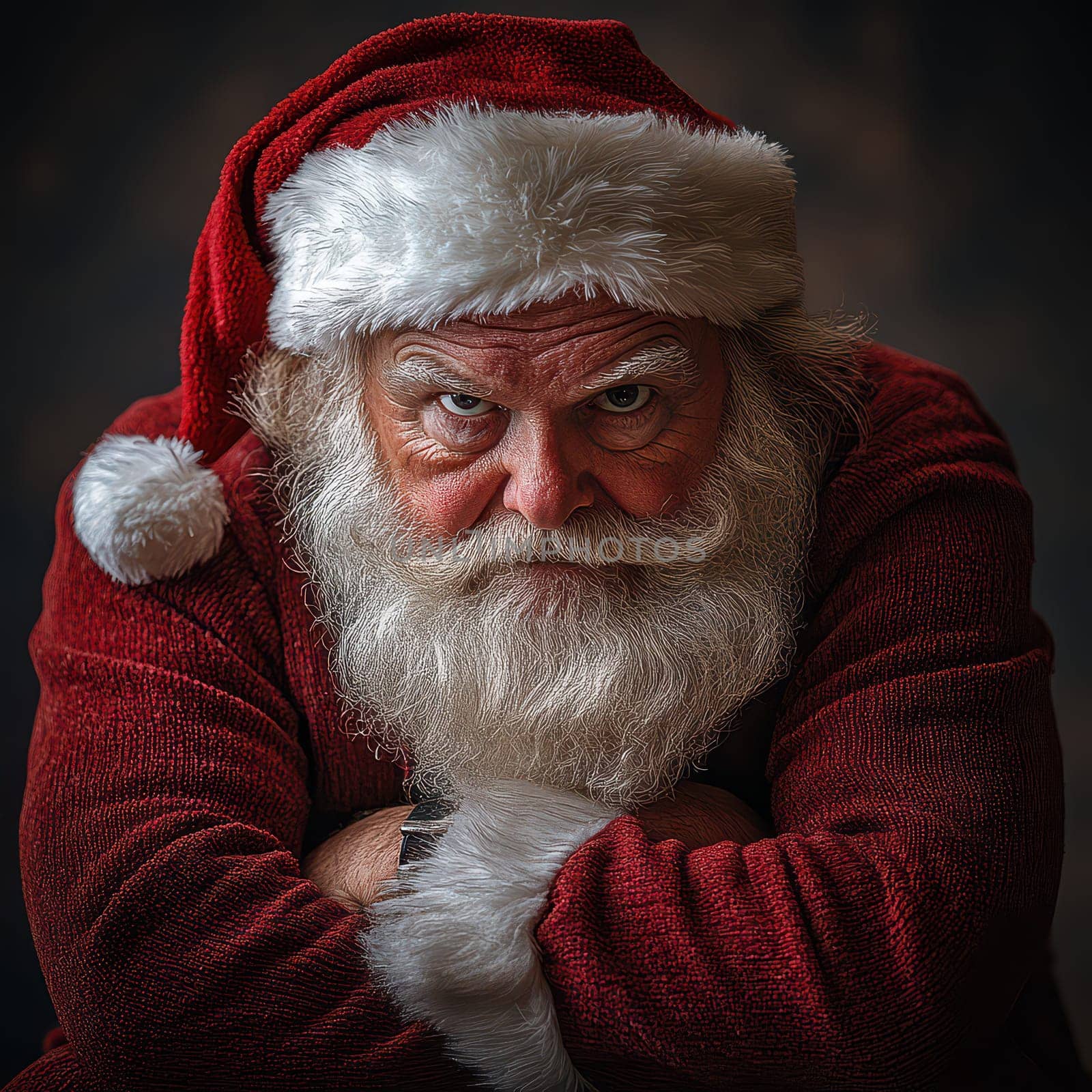 A man dressed as Santa Claus displays a serious expression showcasing his bright red outfit and fluffy white beard during the holiday season.