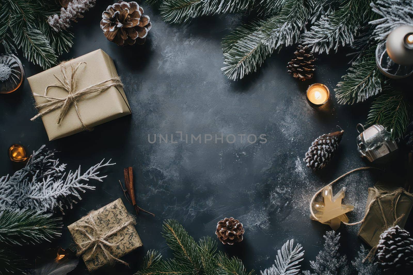 A festive arrangement features wrapped gifts pine branches candles and decorative elements creating a warm holiday atmosphere.