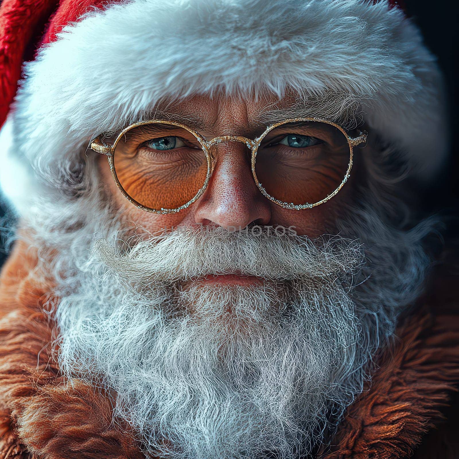 A bearded man dressed as Santa Claus wearing round glasses and a red festive hat exudes warmth and joy during the holiday season.