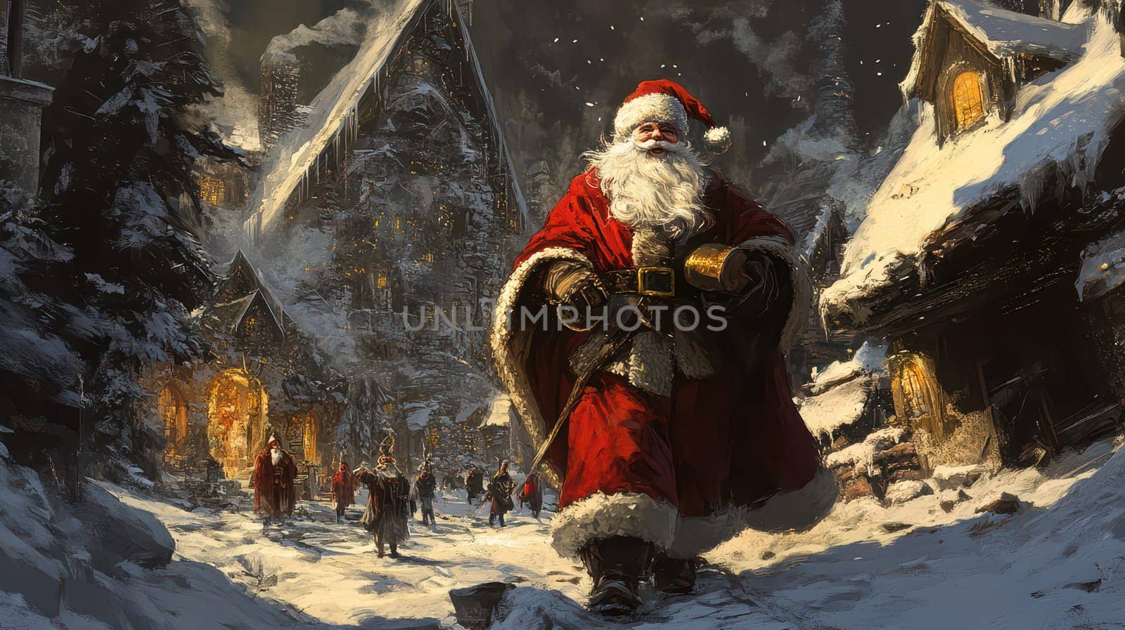 Santa Claus strolls through a winter village surrounded by snow and twinkling lights spreading holiday cheer to everyone nearby.