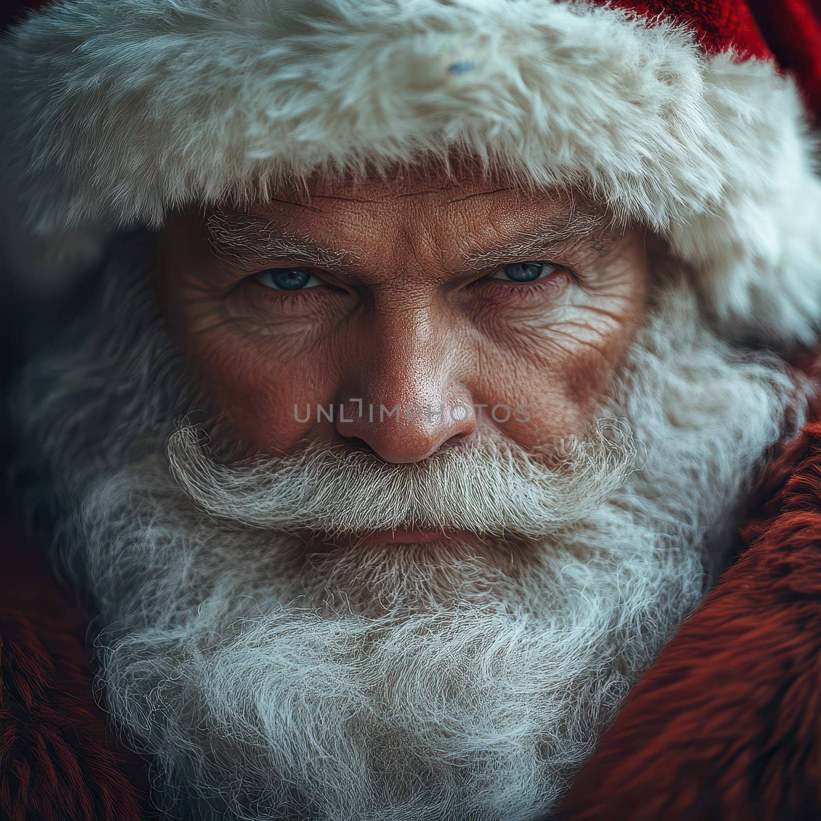 A man dressed as Santa Claus displays a serious expression with a snowy backdrop highlighting his iconic red and white attire during winter.