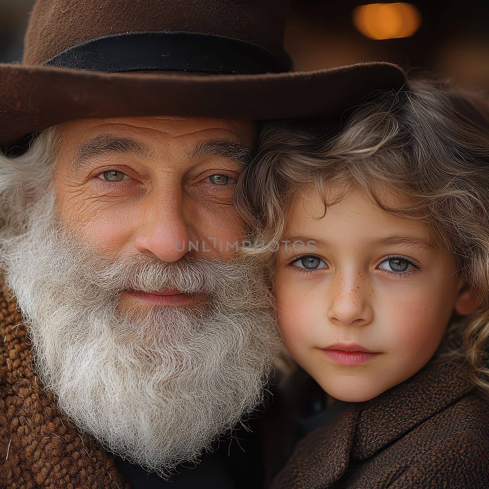 A grandfather and his grandson pose closely together smiling warmly showcasing their affectionate bond in a natural setting.