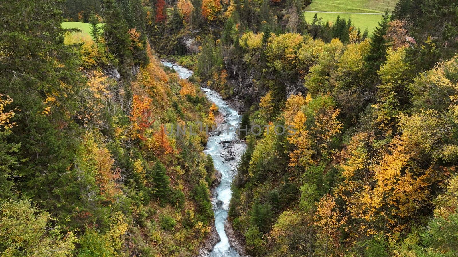 Drone image of the Jochbach in the Lechtal in Tyrol in Austria in fall
