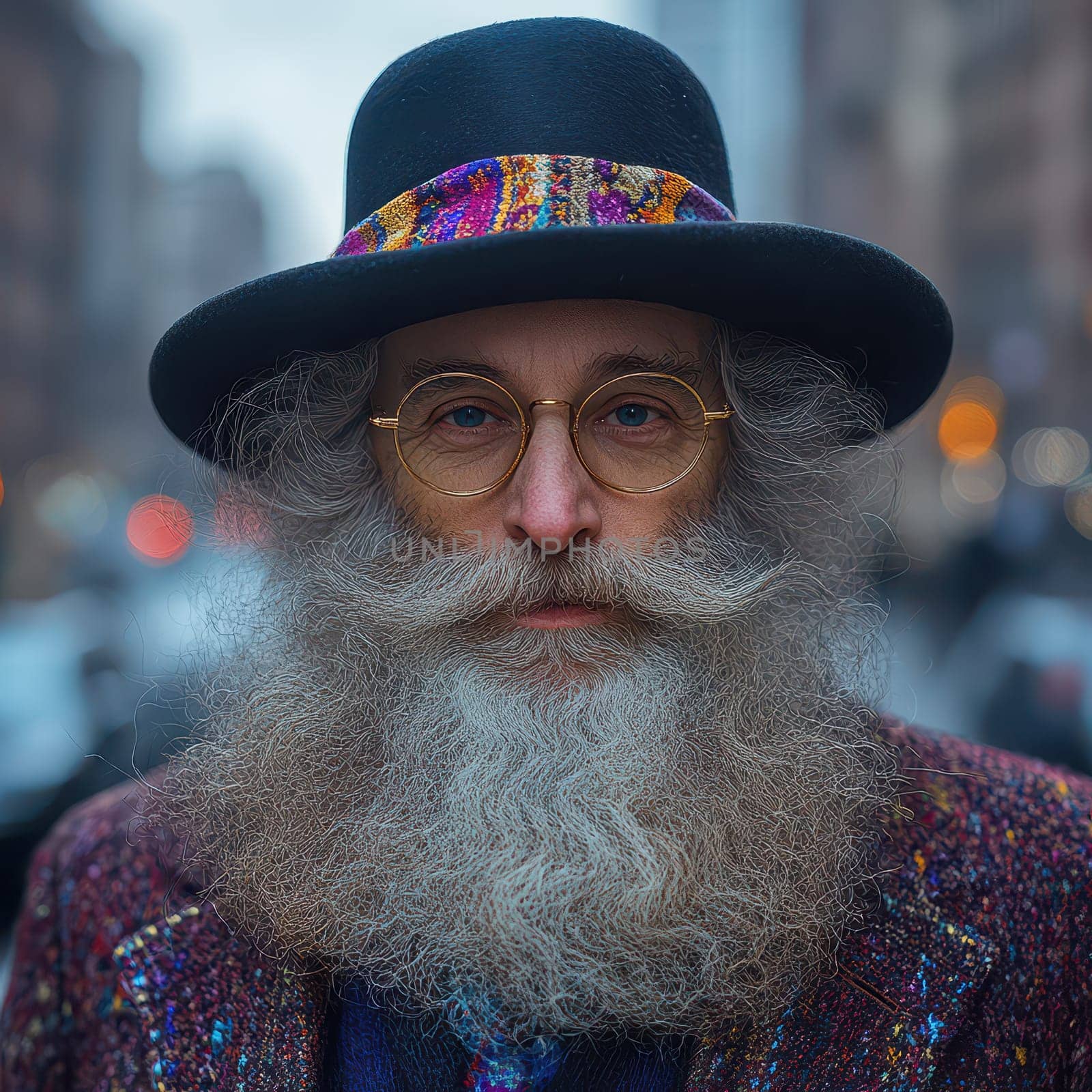 A gentleman with a long beard and stylish glasses stands confidently on a bustling city street filled with vibrant surroundings.
