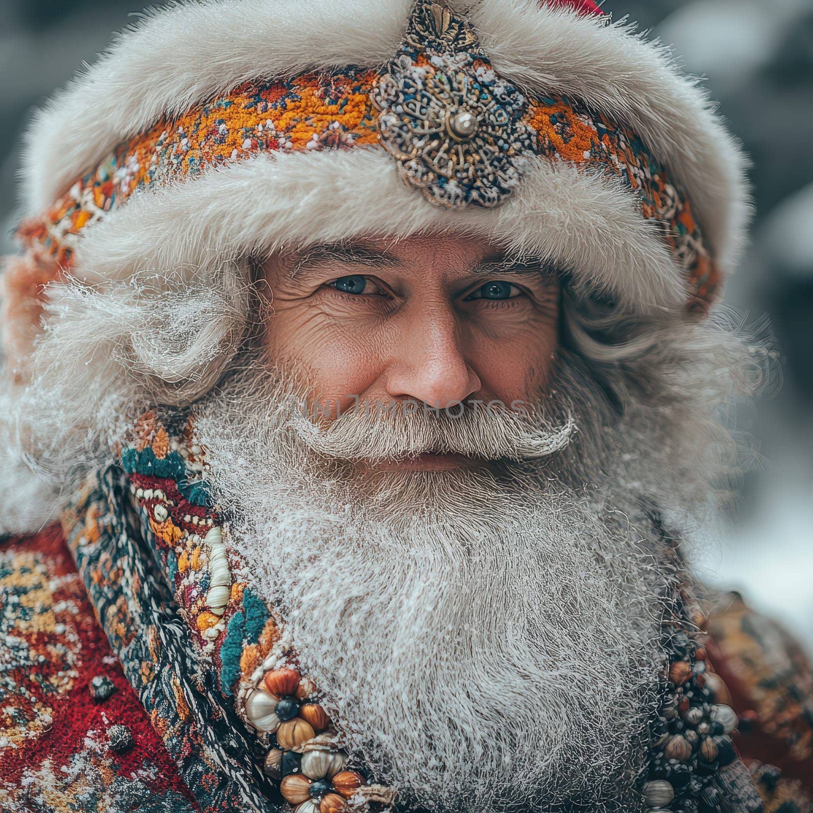 A cheerful character with a white beard and ornate winter attire is smiling against a snowy background evoking a festive atmosphere.