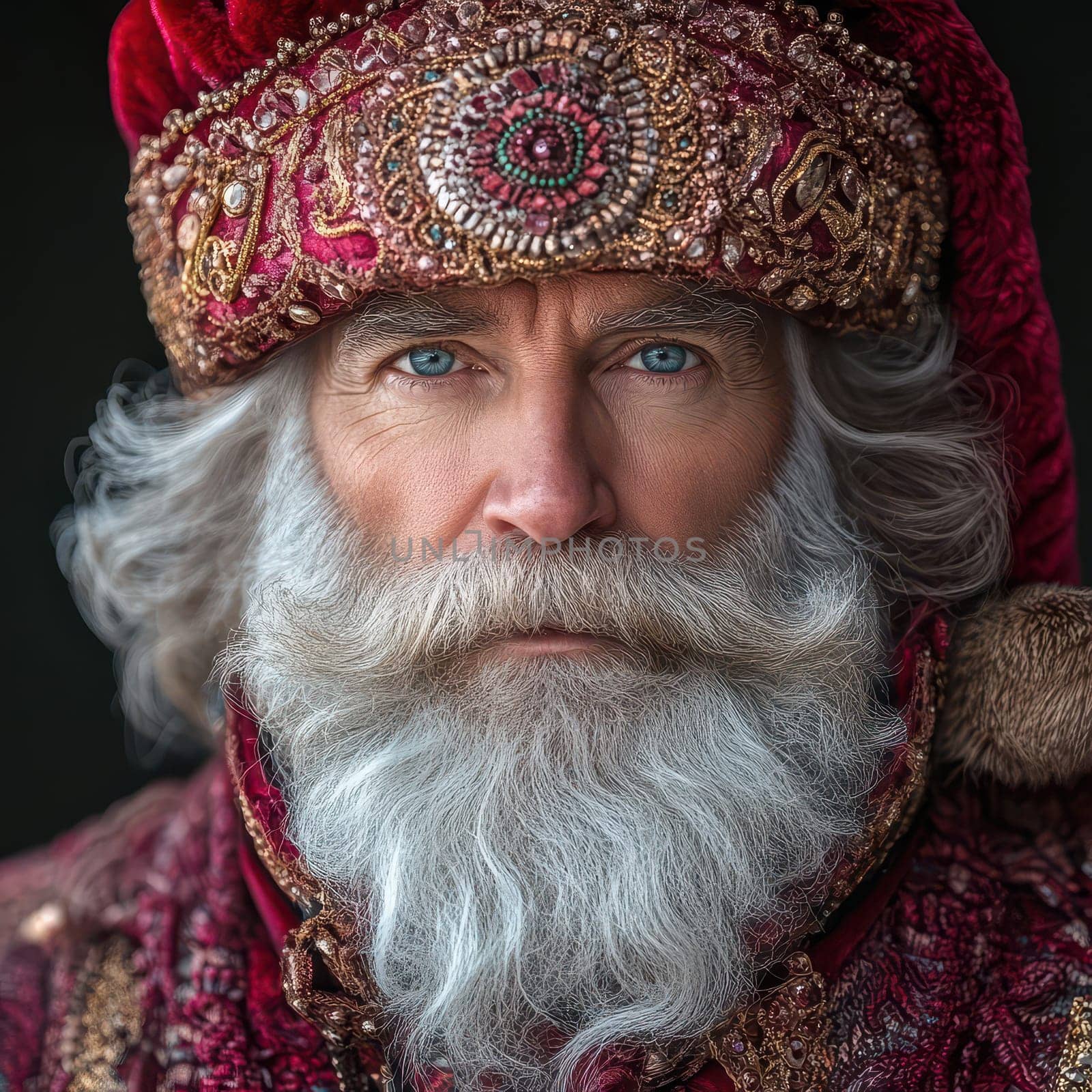 A man dressed in elegant red garments with intricate details showcasing a grand silver beard and piercing blue eyes exuding a timeless charm.