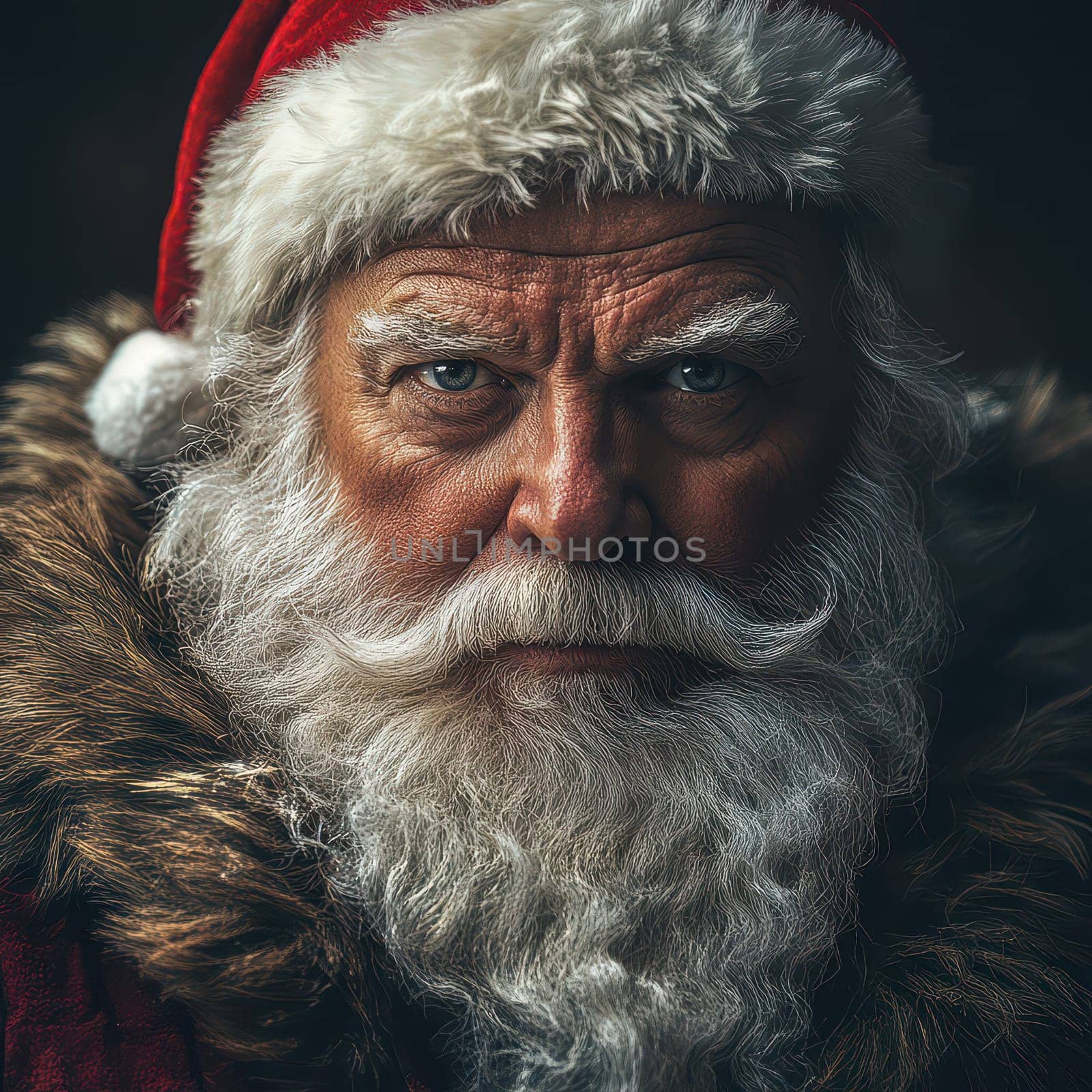 A traditional depiction of Santa Claus with a white beard red suit and detailed fur collar exuding a warm and festive aura.