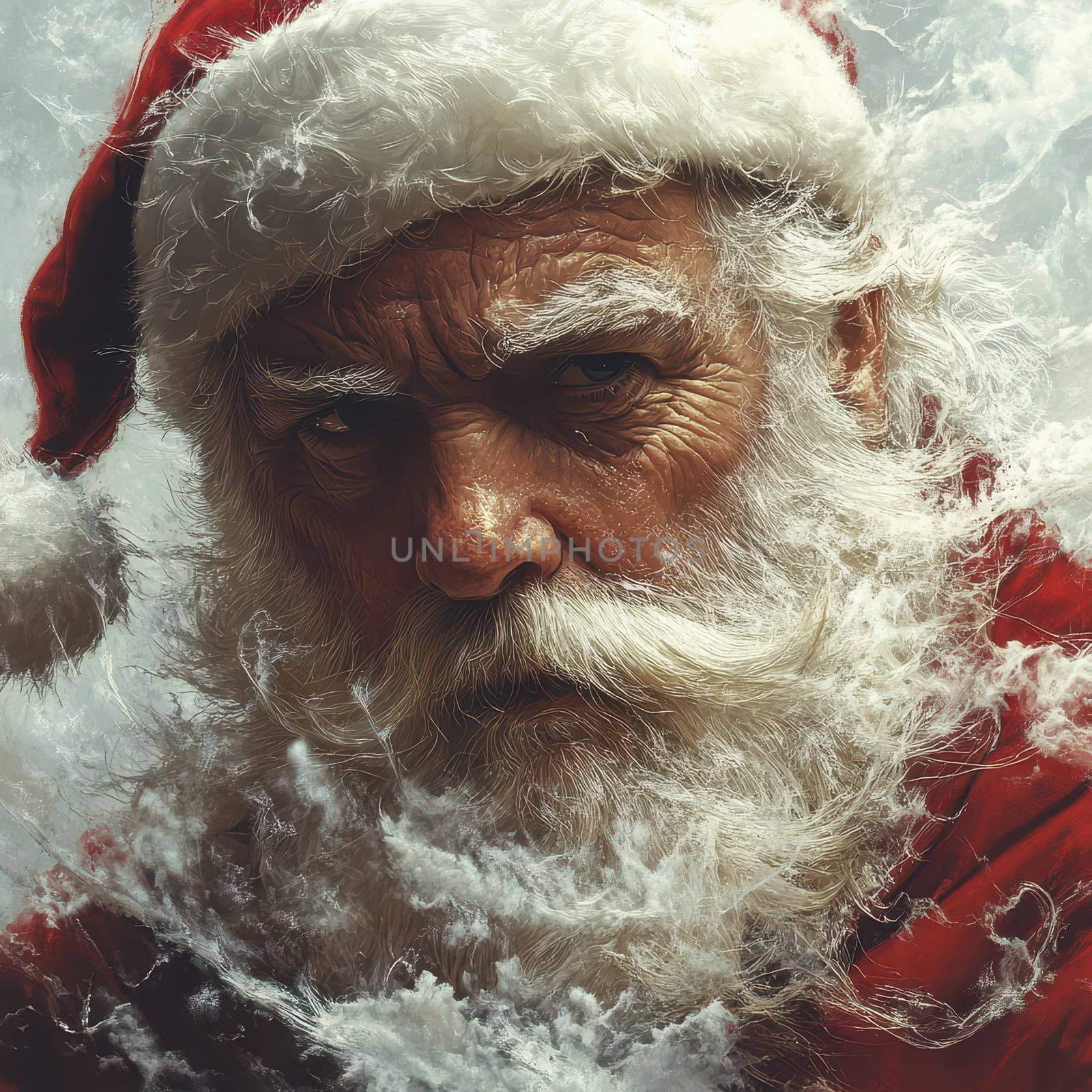 An elderly man dressed as Santa Claus gazes intently while wintery clouds swirl around him evoking a sense of wonder and magic.