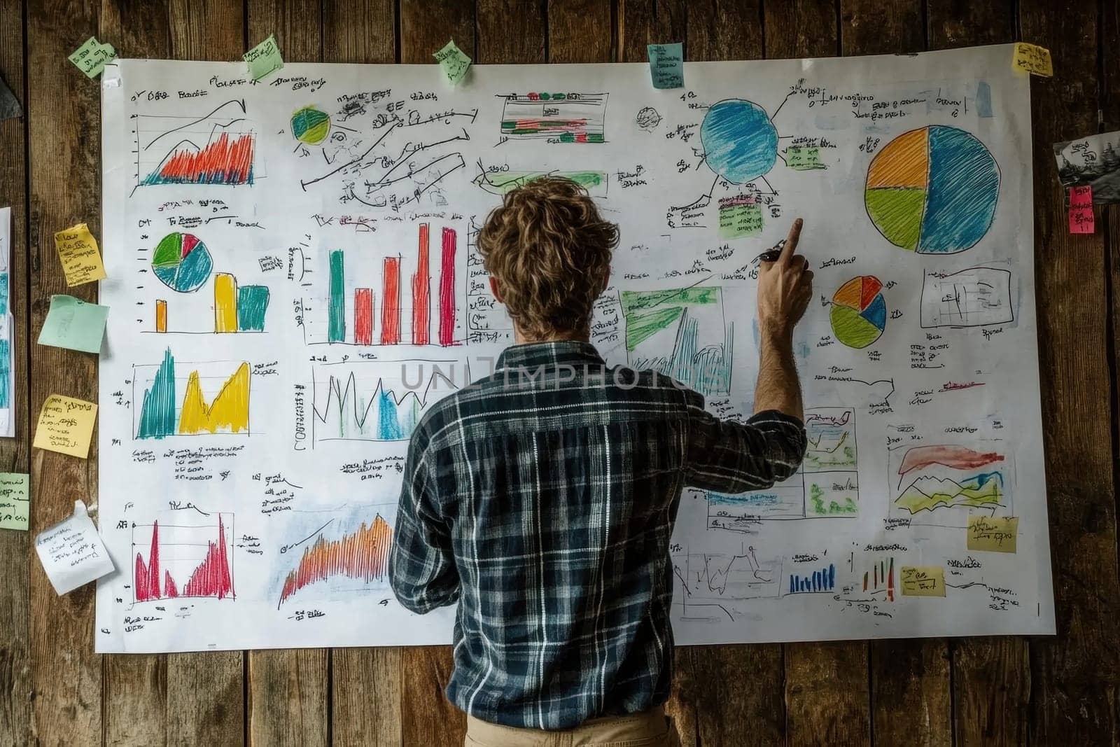 A clinical researcher engages in a detailed presentation on a large whiteboard filled with colorful graphs and charts, showcasing insights and findings.