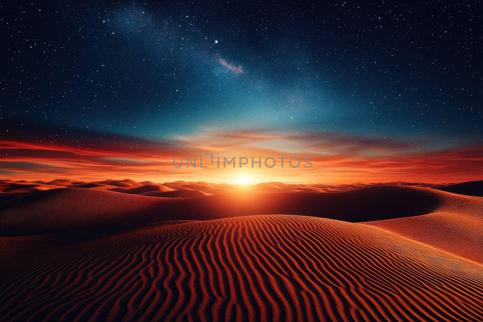 Discover a breathtaking alien desert landscape at dawn, featuring sharp ridges and eroded forms beneath a star-filled sky, evoking feelings of tranquility and exploration.
