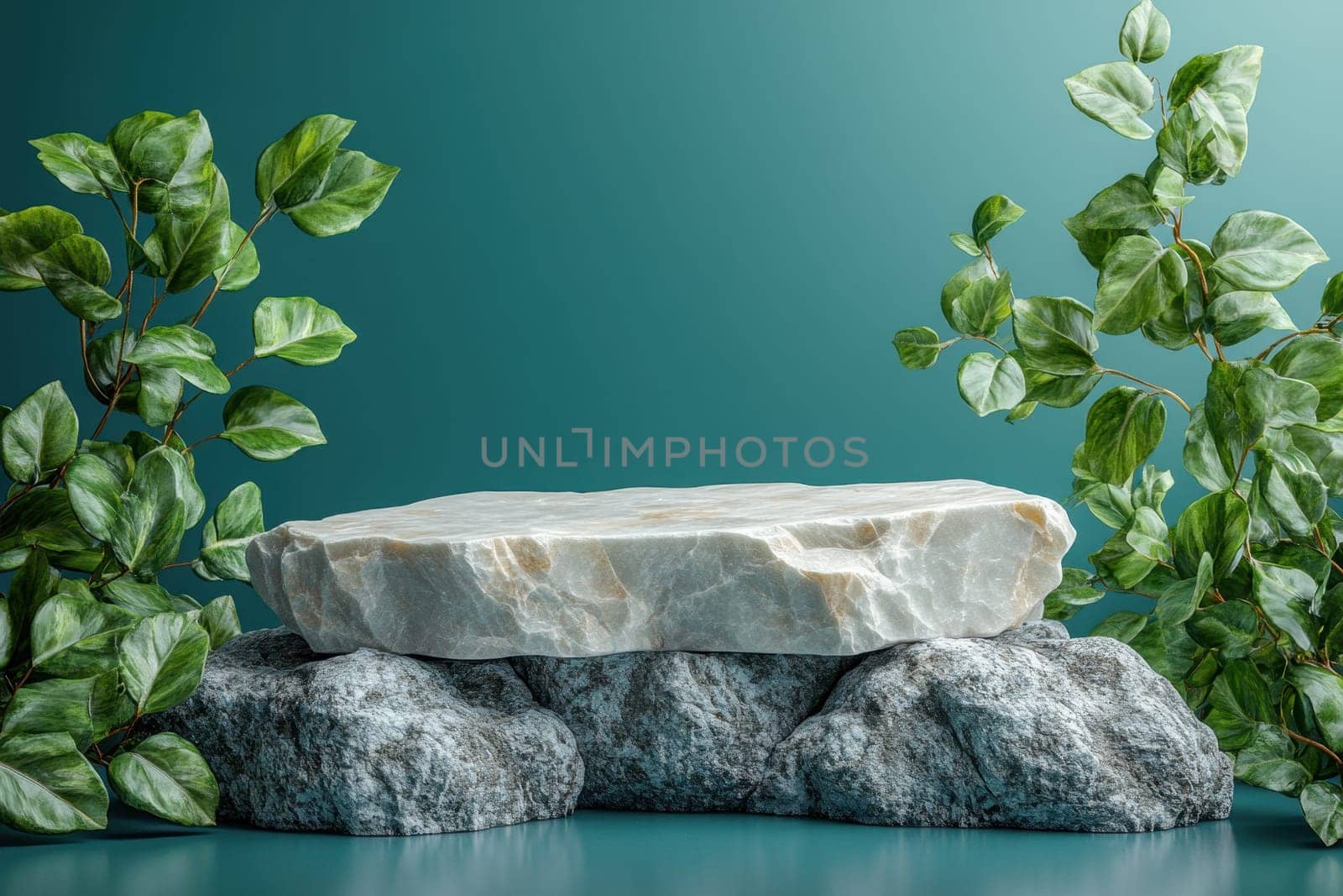 A serene composition featuring a natural stone display surrounded by lush green leaves. Ideal for showcasing minimalism and tranquility in various design contexts.