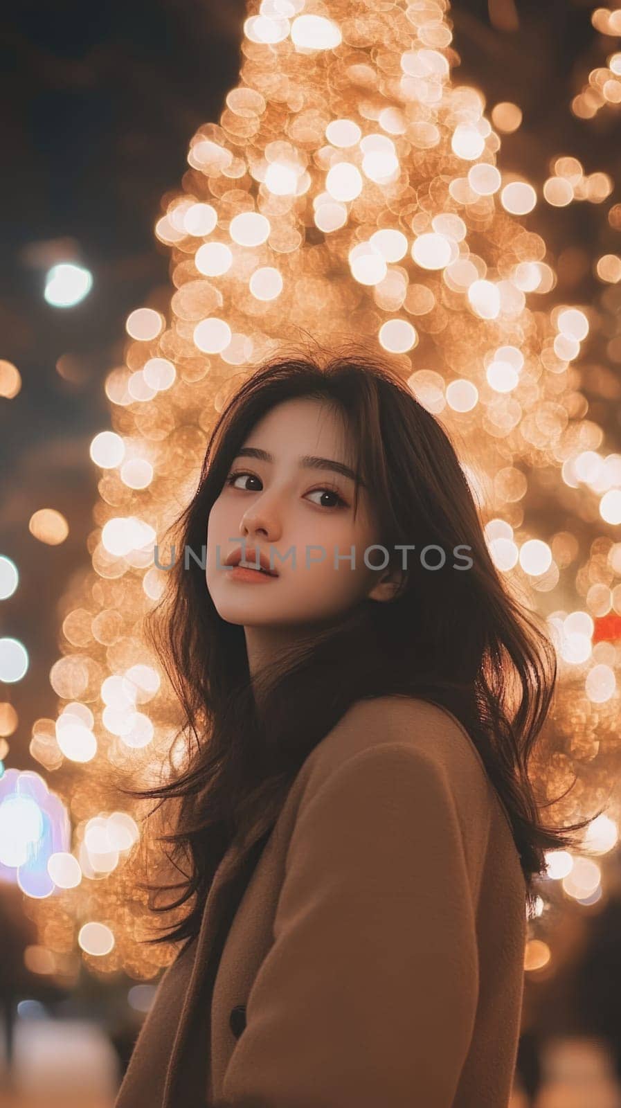 Beautiful young model looking Asian woman wearing winter clothes in city street with illuminated Christmas tree at night. Festive holiday background.