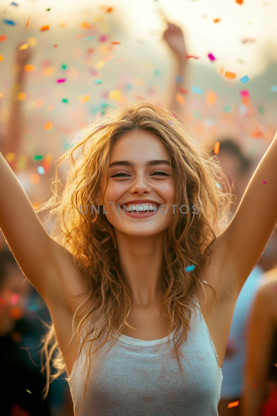 oung woman, celebrating with her arms raised high in the air, surrounded by colorful confetti.  AI generative.