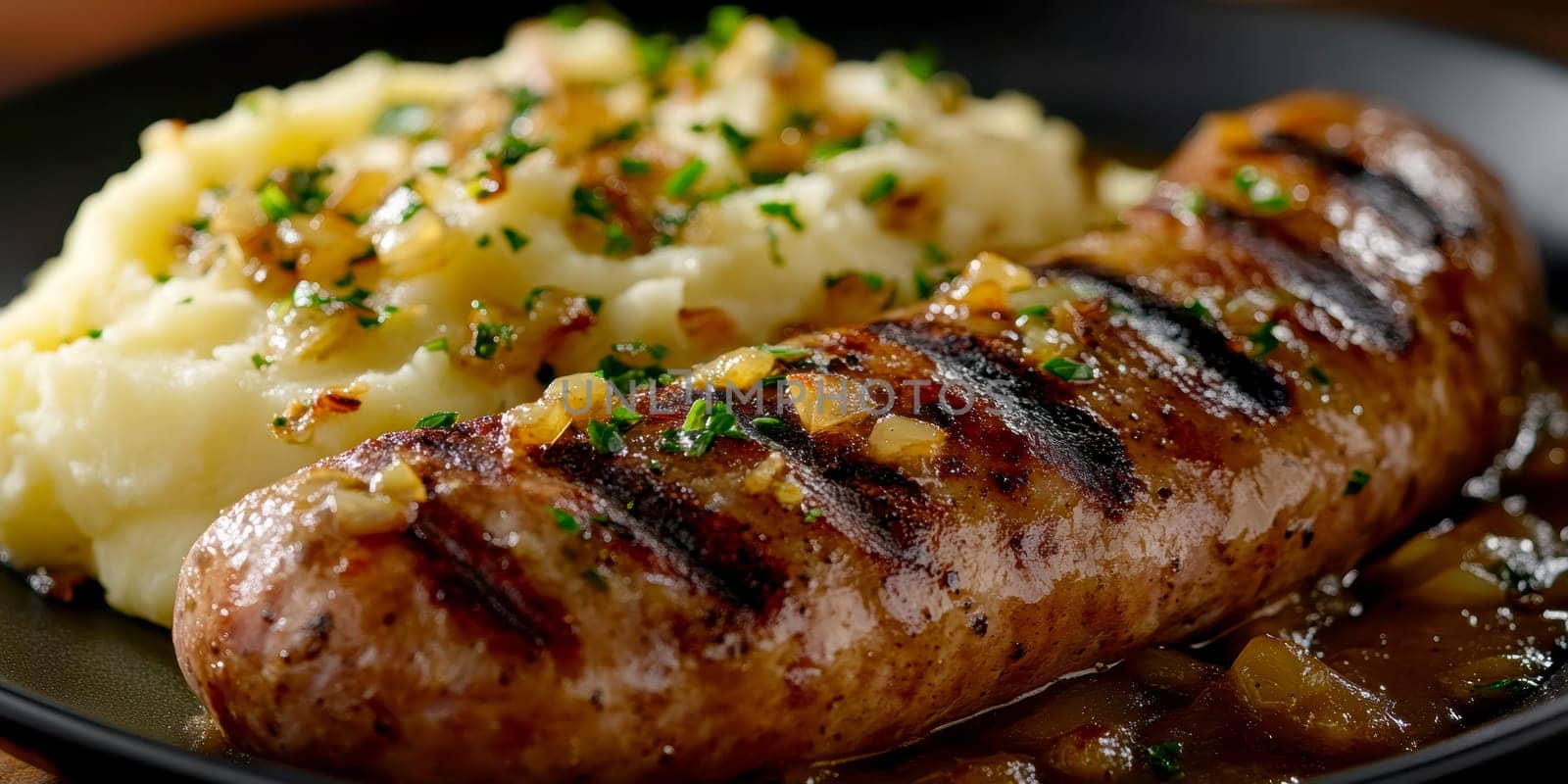 Traditional Polish dish, potatoes with baked kielbasa and onion sauce. AI generative.