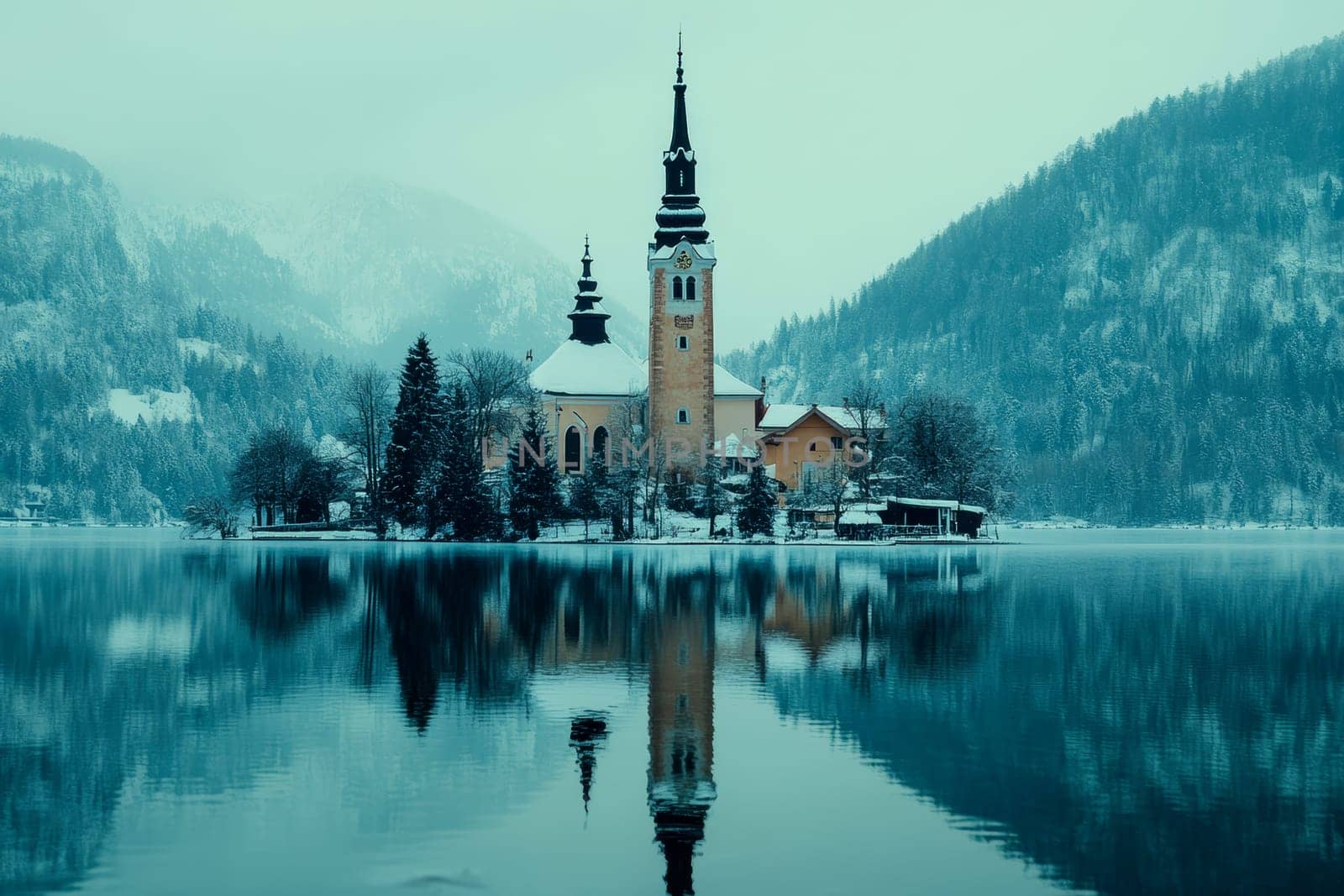 Church on an island on a lake in the mountains. AI generative.