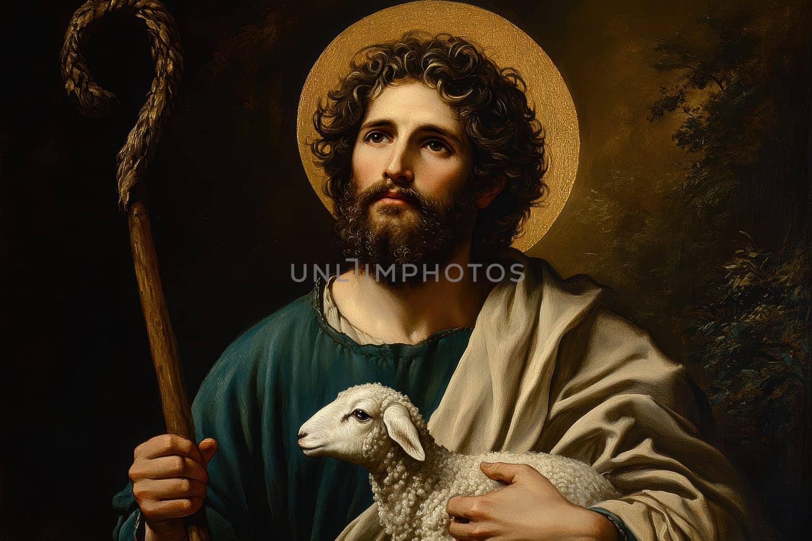 Saint John the Baptist, holding a shepherd's staff and holding a white lamb on one shoulder. AI generative.