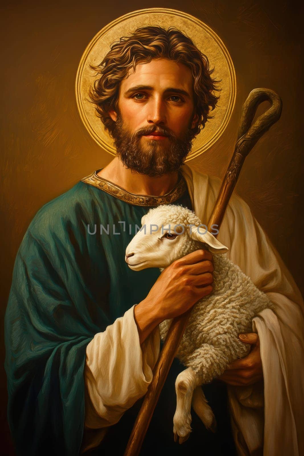 Saint John the Baptist, holding a shepherd's staff and holding a white lamb on one shoulder. AI generative.