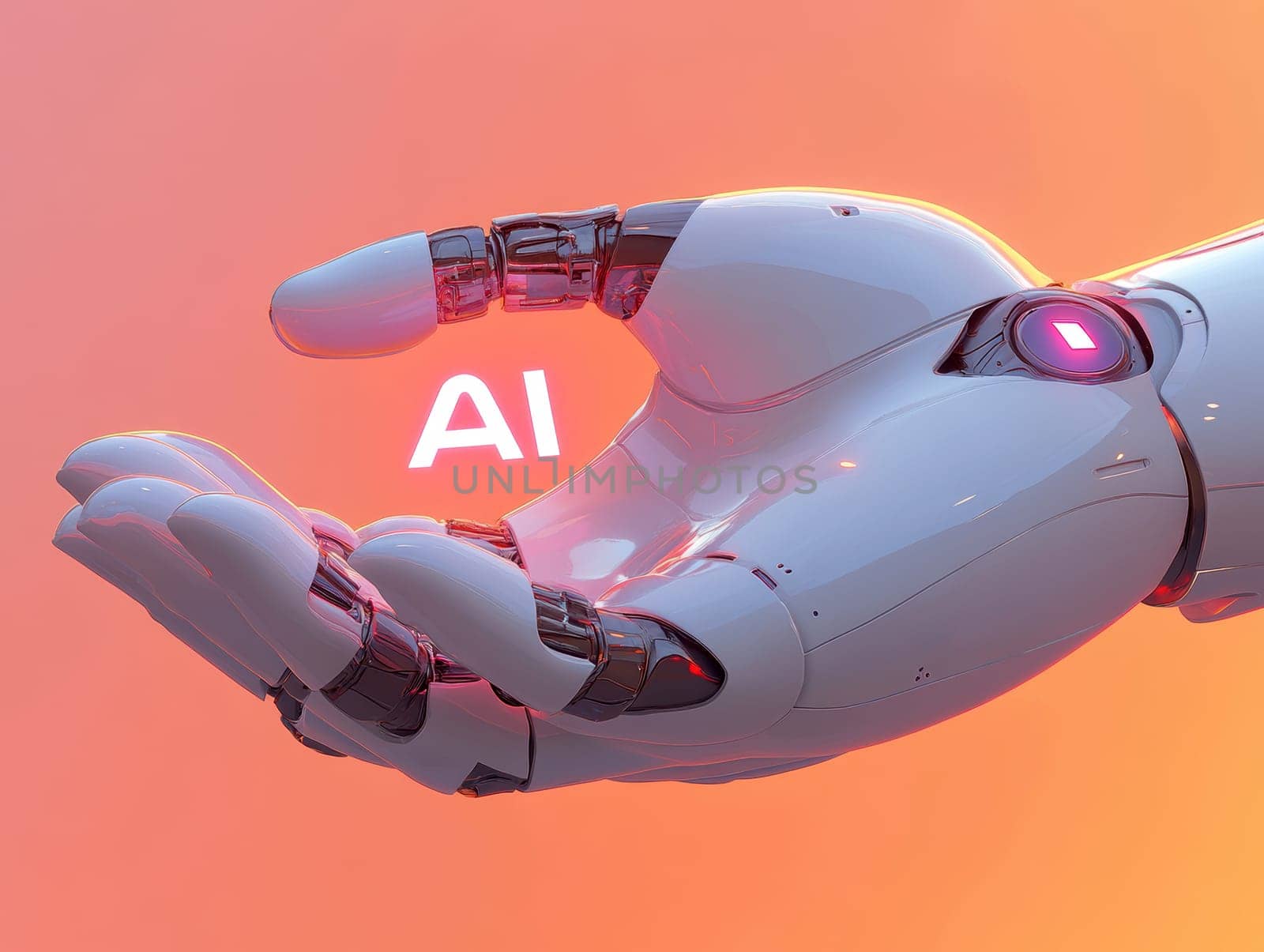 robot hand gently holding an 'AI' logo in its palm. AI generative.