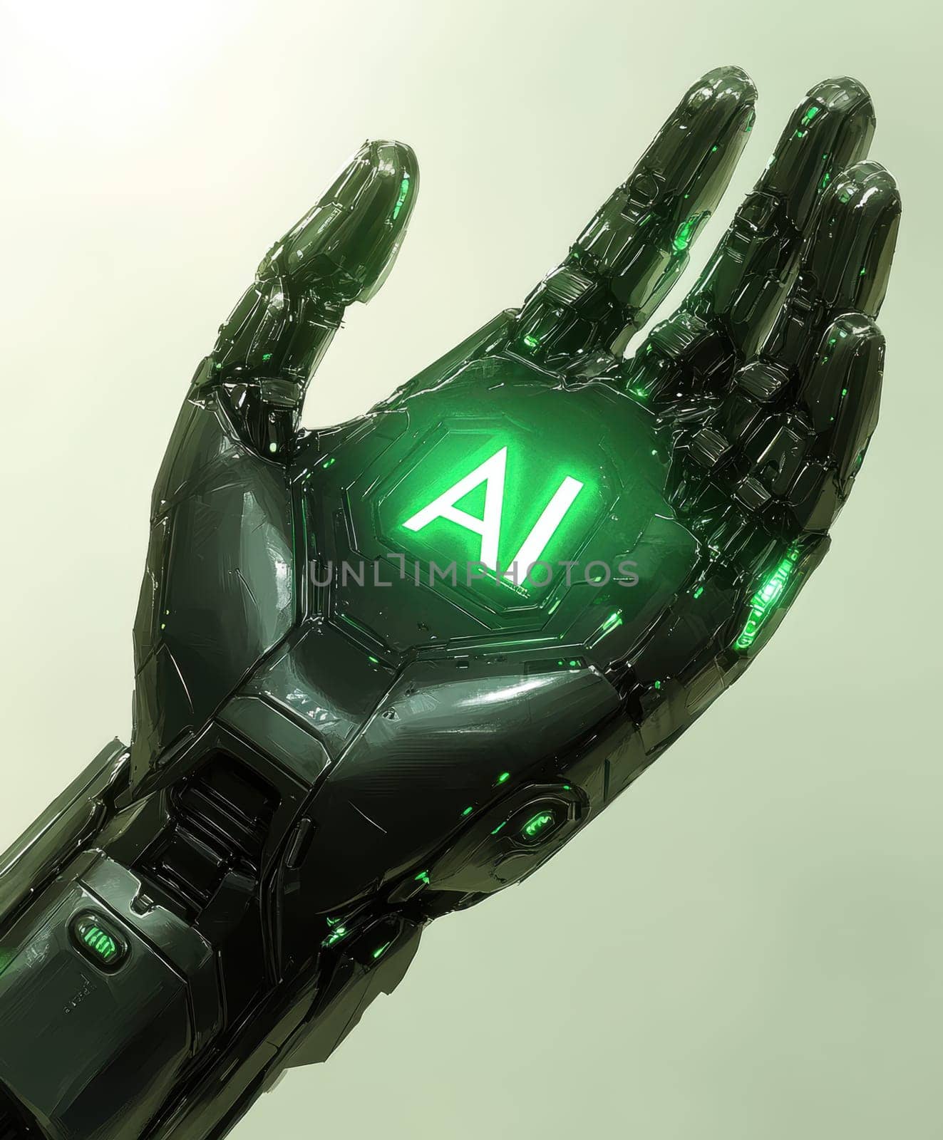 robot hand gently holding an 'AI' logo in its palm. AI generative.