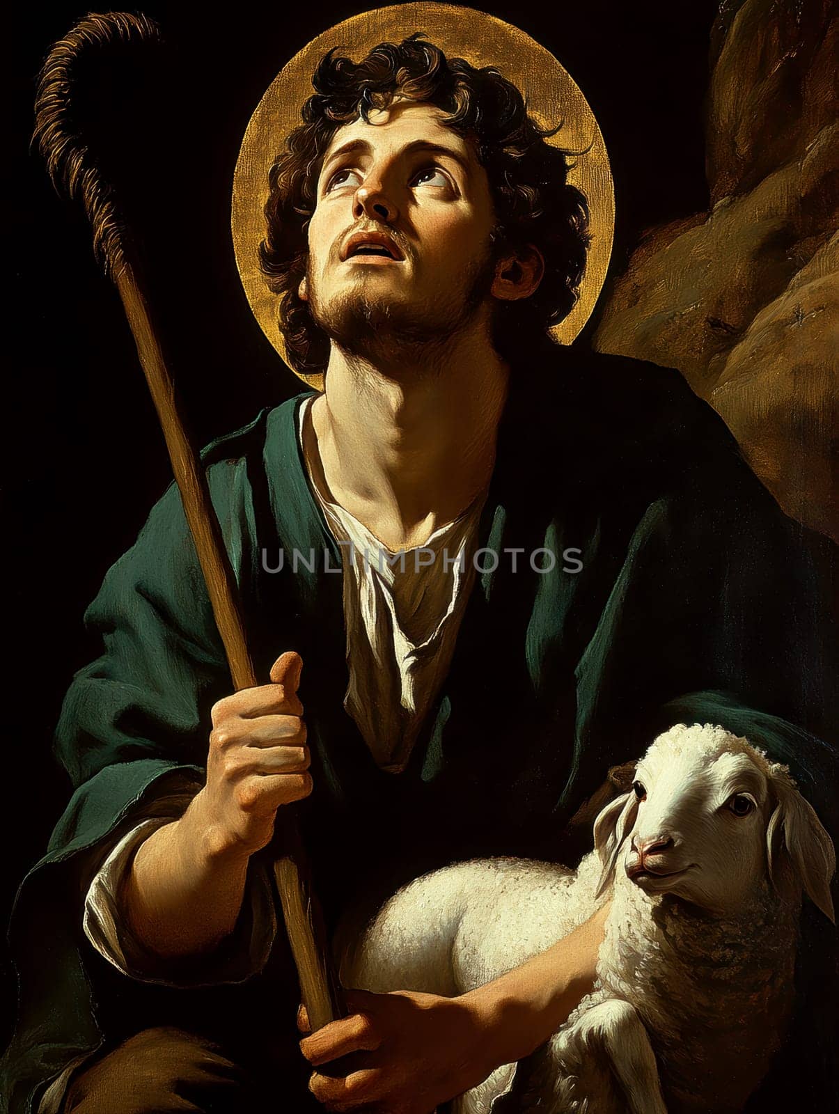 Saint John the Baptist, holding a shepherd's staff and holding a white lamb on one shoulder. AI generative.