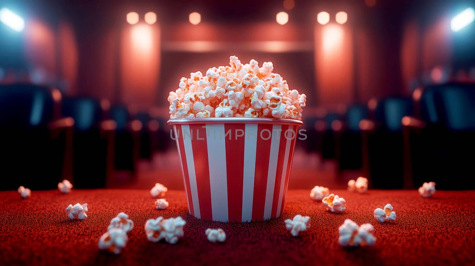 freshly popped popcorn in a cinema. AI generative.