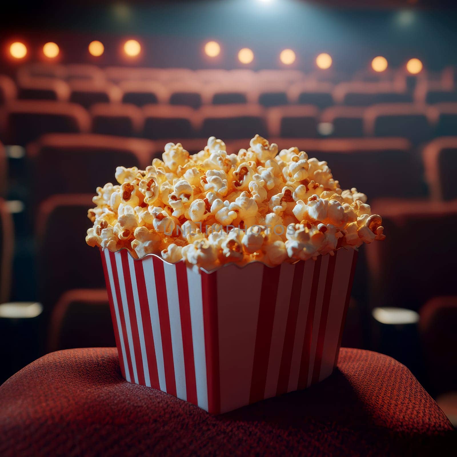 freshly popped popcorn in a cinema. AI generative.