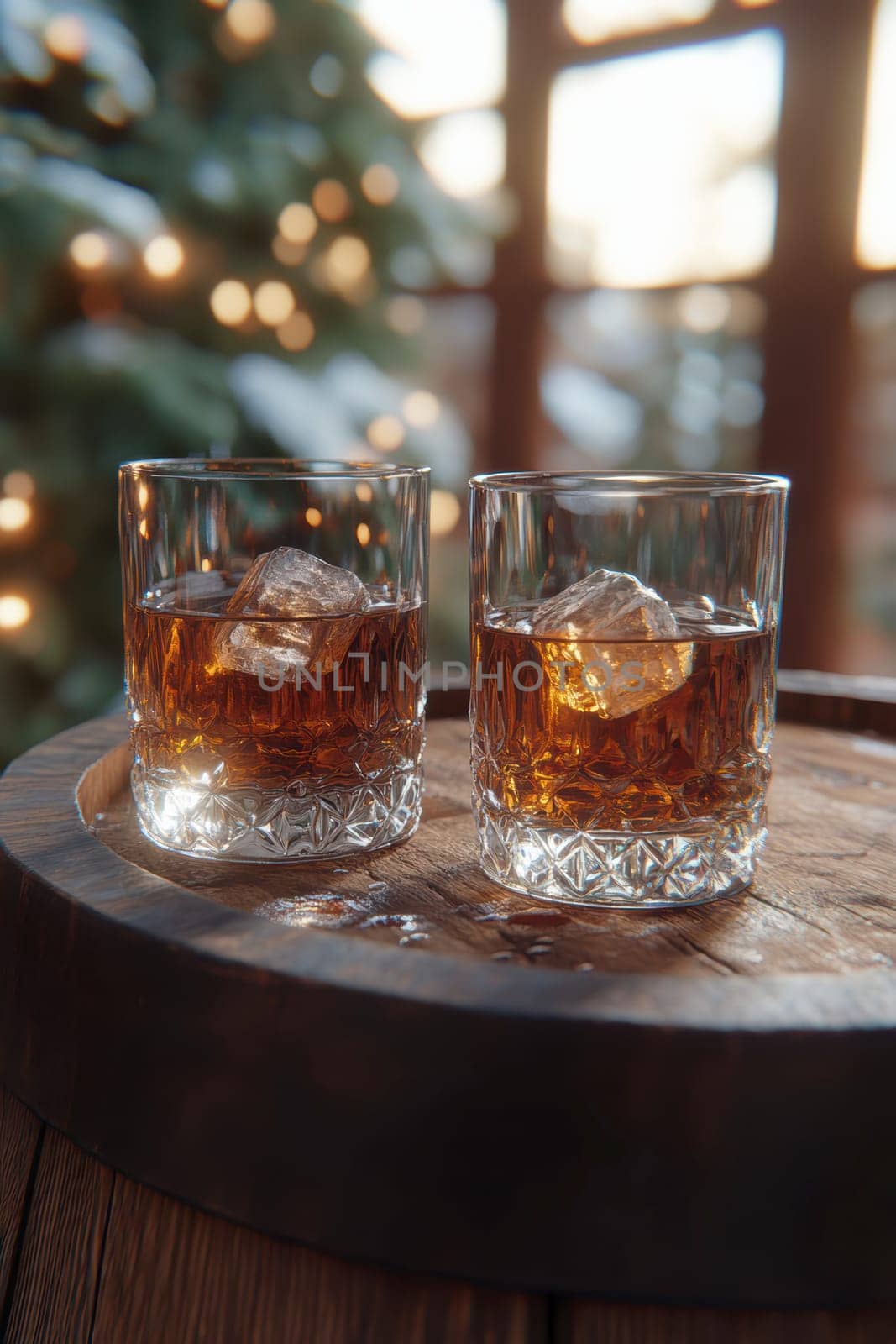 Two elegant, crystal-clear glasses of whiskey with ice cubes. AI generative.