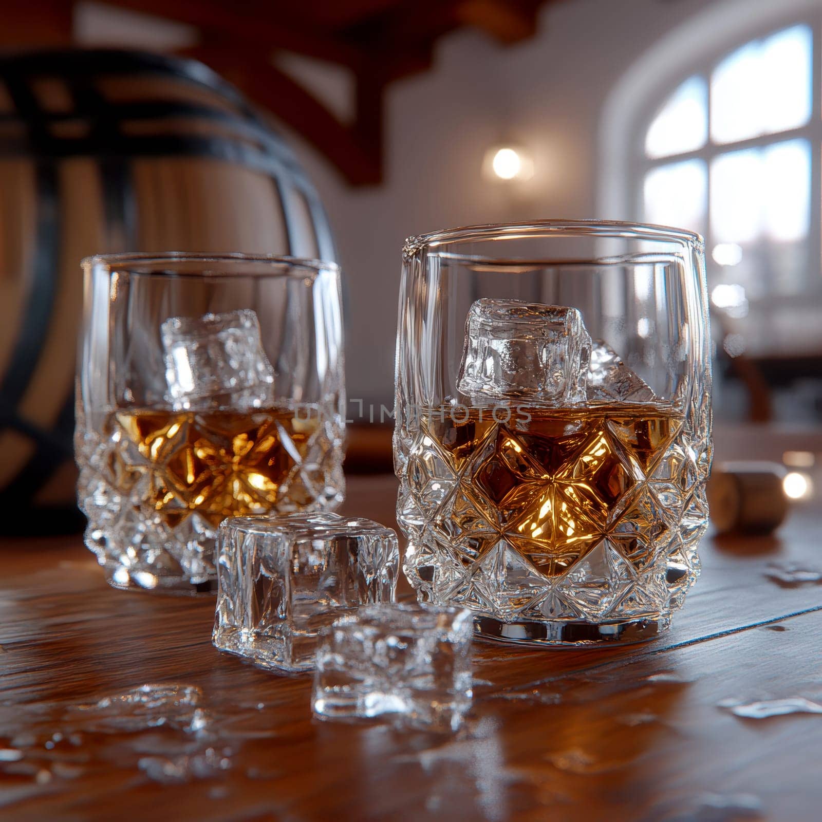 Two elegant, crystal-clear glasses of whiskey with ice cubes. AI generative.