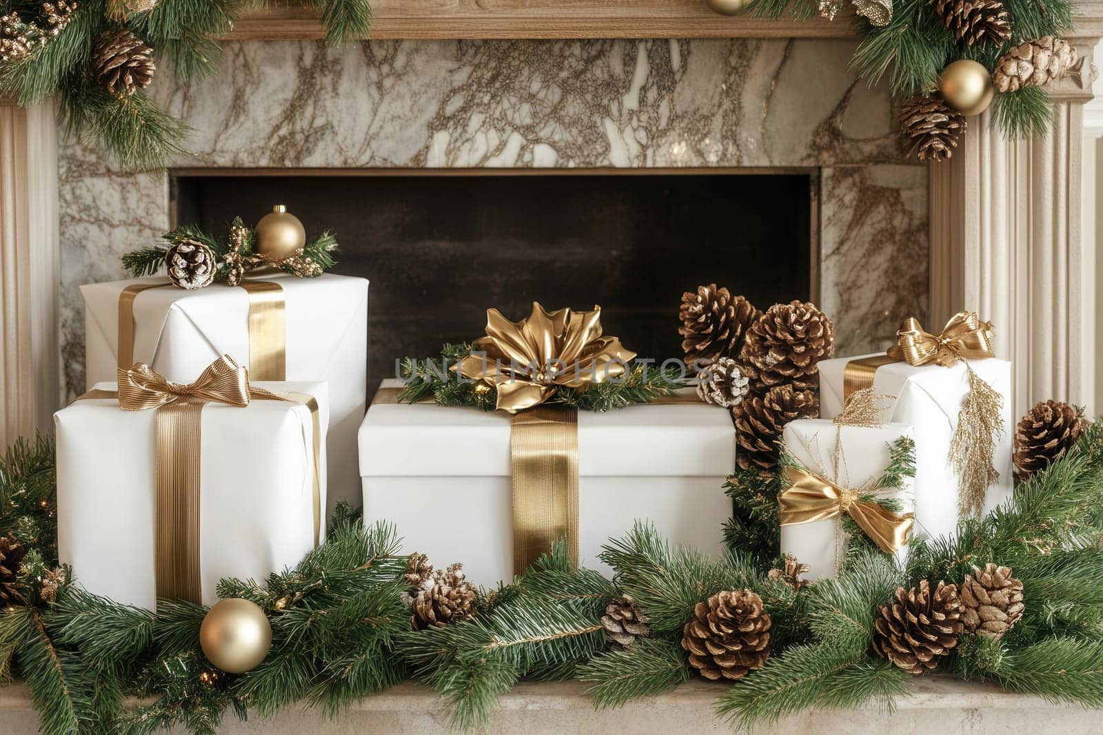 White gift boxes with golden ribbons, pine cones, golden christmas balls and fir branches decorating a fireplace