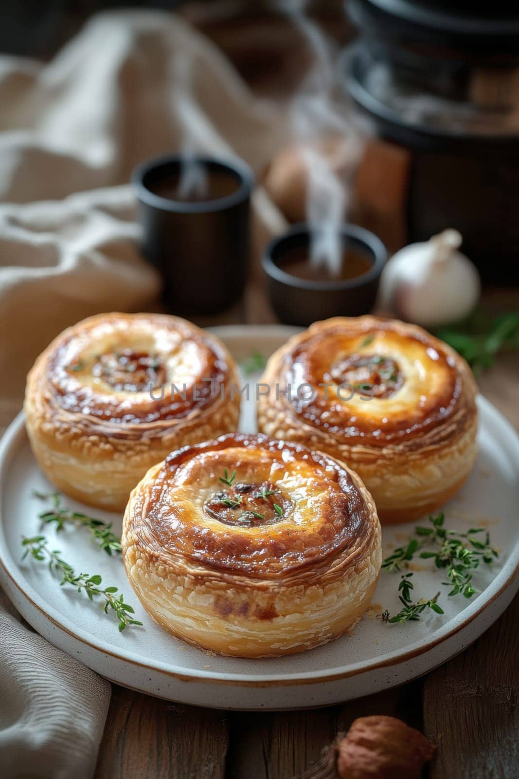 Freshly baked pies with filling. AI generative.