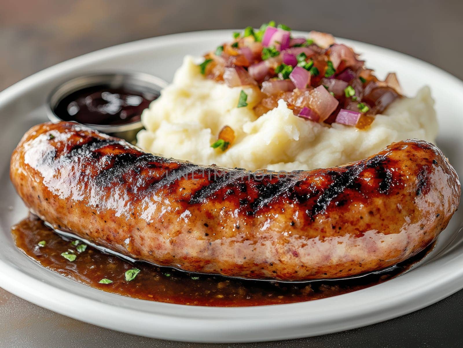 Traditional Polish dish, potatoes with baked kielbasa and onion sauce. AI generative.