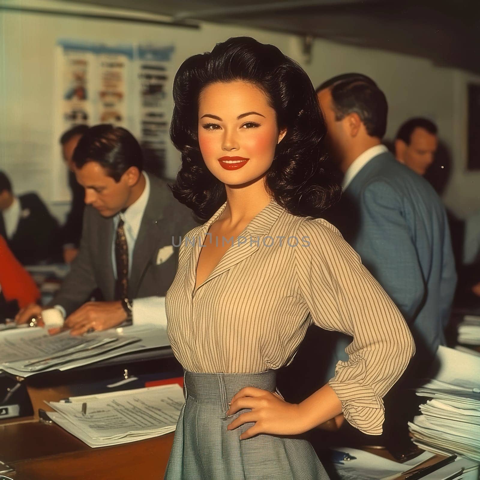 a vintage woman with black hair posing in front of a desk in an office,. AI generative.