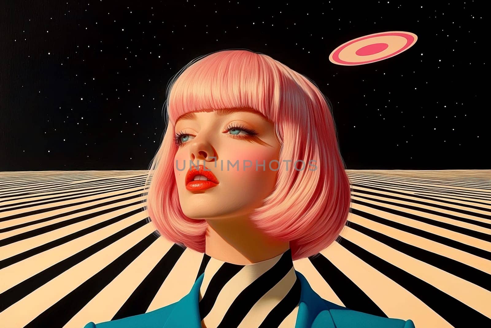 Woman with light hair dressed in 70s style , UFO visible in the background. AI generative.
