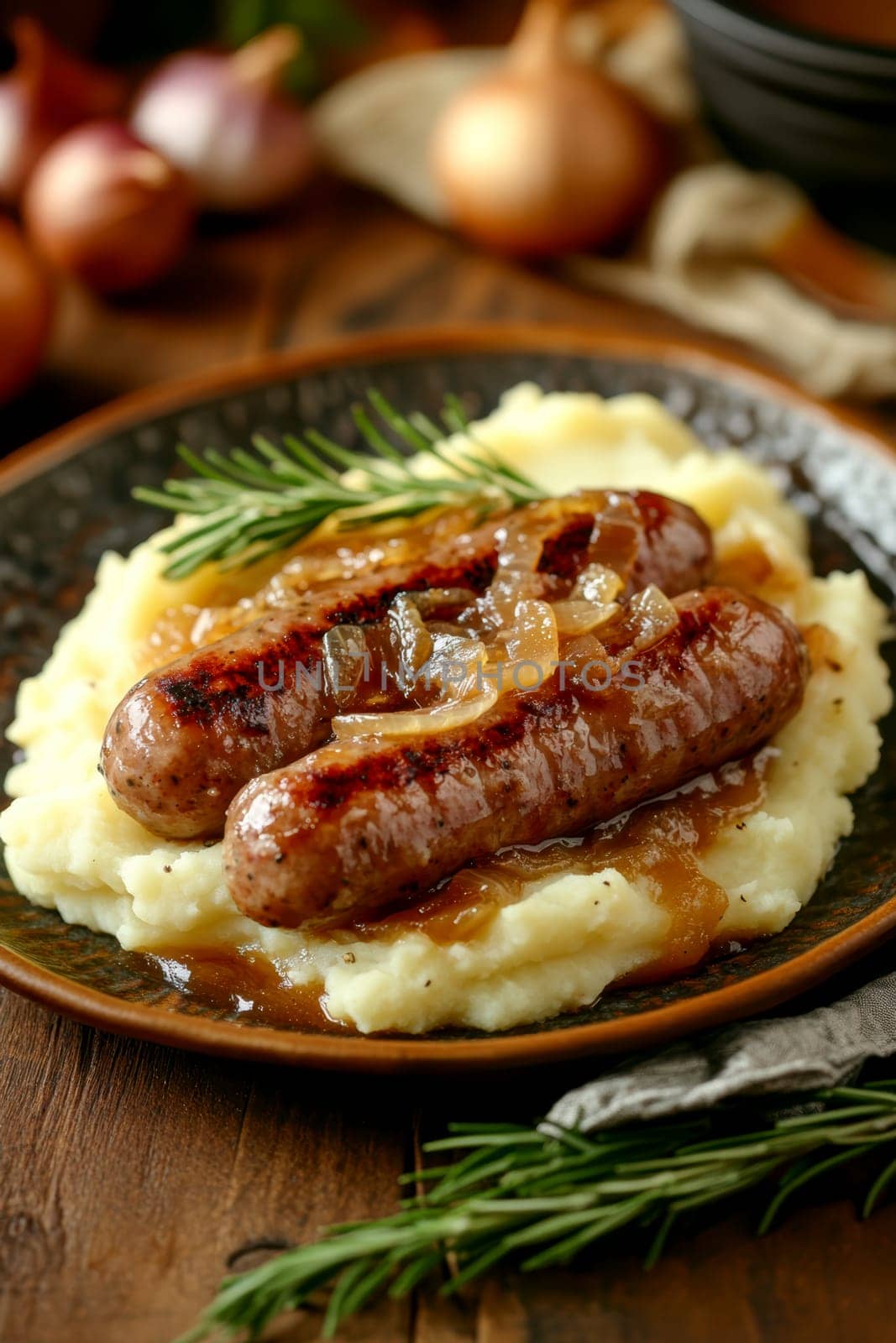 Traditional Polish dish, potatoes with baked kielbasa and onion sauce. AI generative.