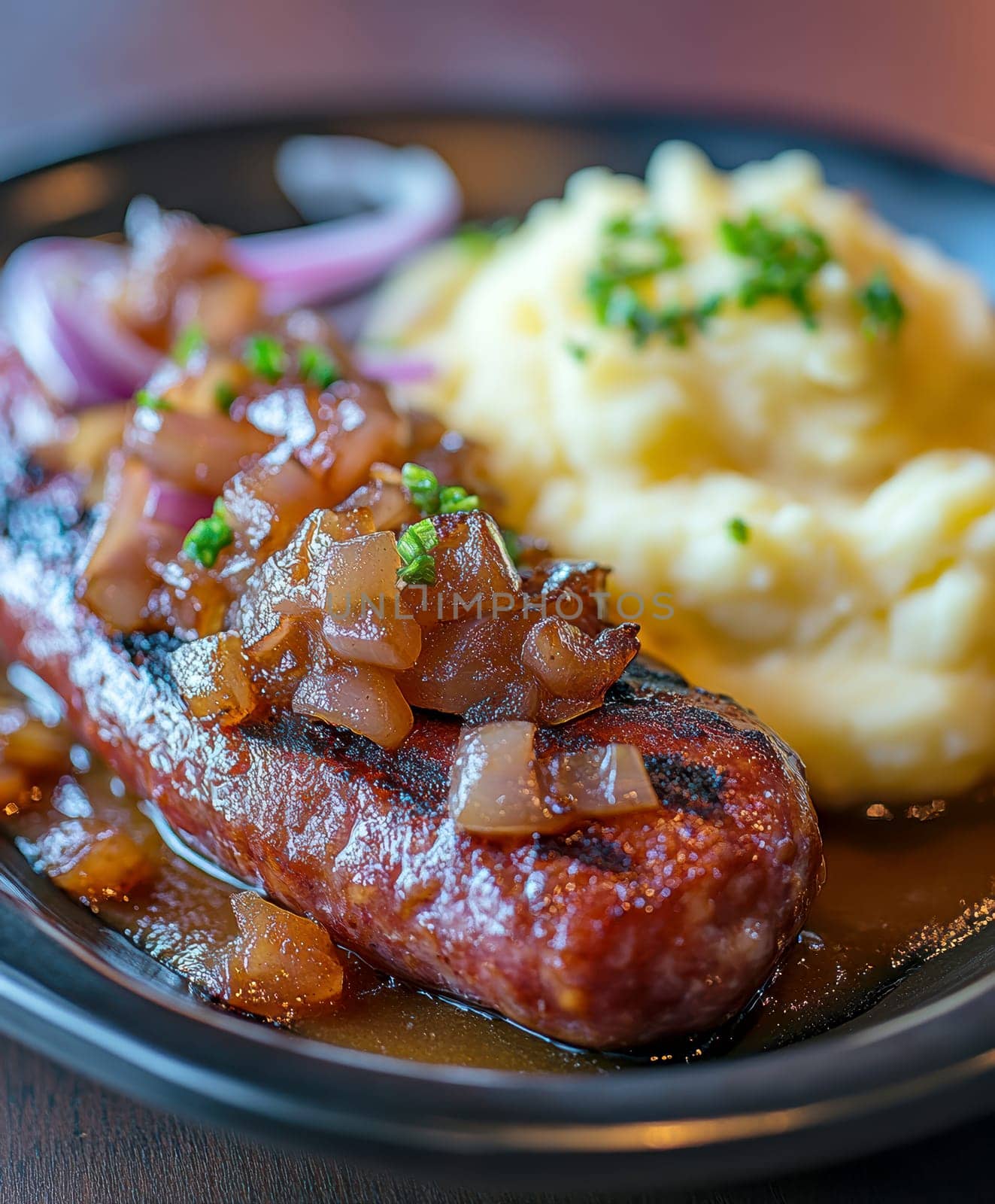Traditional Polish dish, potatoes with baked kielbasa and onion sauce. AI generative.