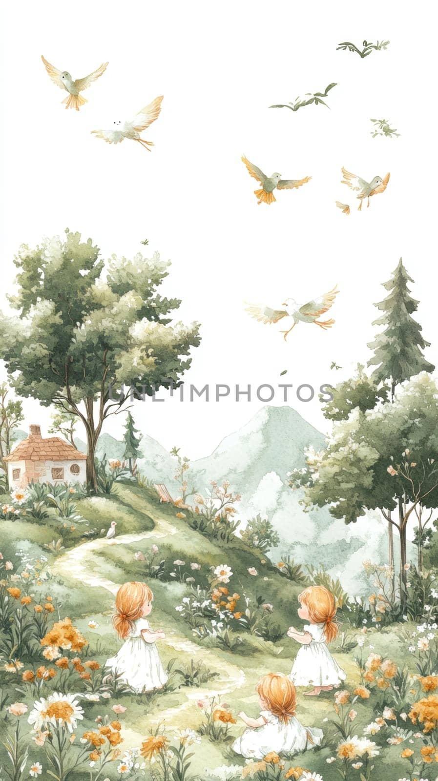 Little girls playing in the garden,in the sky birds and in the distance you can see the house.AI generative.