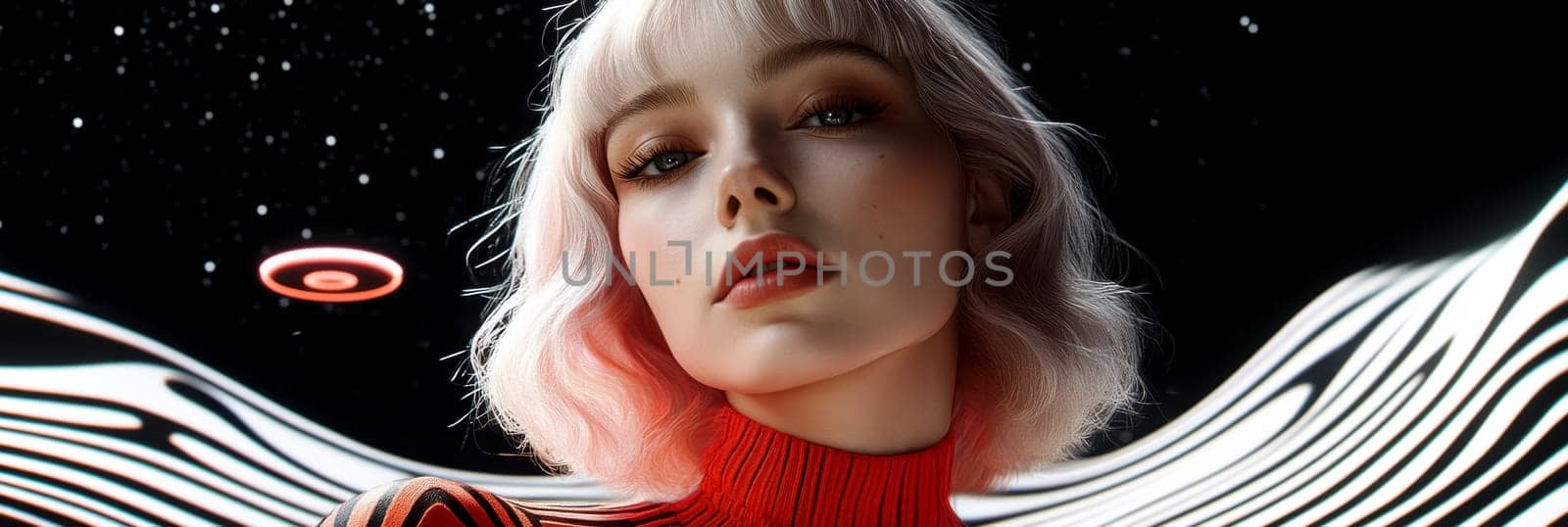 Woman with light hair dressed in 70s style , UFO visible in the background. AI generative.